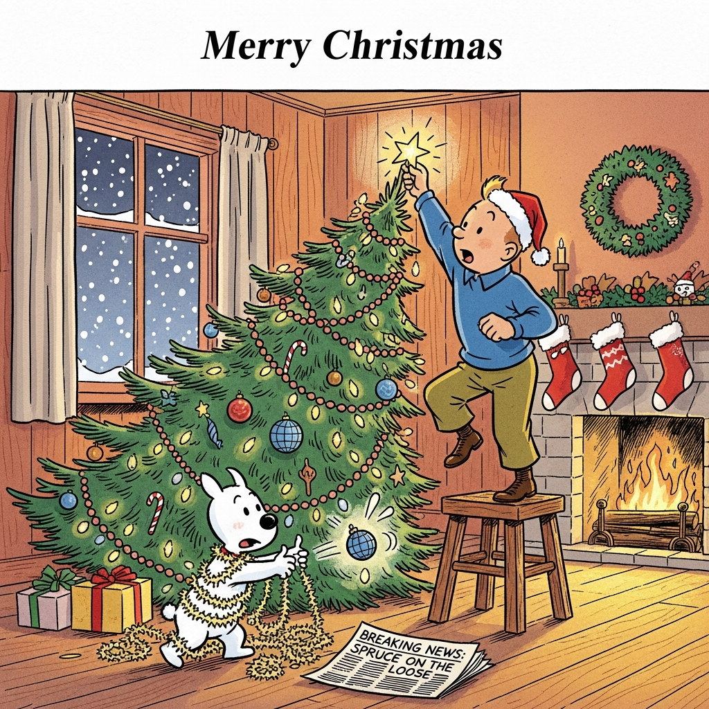 At the top of the Illustration Style image, Merry Christmas

Hand-drawn illustration with fine linework and textured brush strokes: a cozy winter living room glowing with warm, expressive colors. Center stage, a tall Christmas tree leans perilously as Tintin—quiff, blue jumper, Santa hat—balances on a wobbly wooden stool, stretching to place a shining star at the very top. Snowy is at the base, hilariously tangled in tinsel and fairy lights, tugging the whole strand with determined mischief, eyes wide; a bauble pops off mid-air with little motion lines. The tree is festooned with classic ornaments, a few globe-shaped baubles, candy canes, and twinkling lights casting soft reflections. A window shows gentle snowfall outside; stockings hang by a crackling fireplace. On the floor near Snowy, a small folded newspaper shows a single cheeky headline in bold: “Breaking news: Spruce on the loose!” Balanced composition, expressive faces, crisp lines with soft watercolor-like fills, subtle paper grain texture, warm golden light from the tree and fireplace, plenty of humorous energy and festive sparkle. No other text.
Generated with these themes: Tintin, Christmas tree, and .
Made with ❤️ by AI.