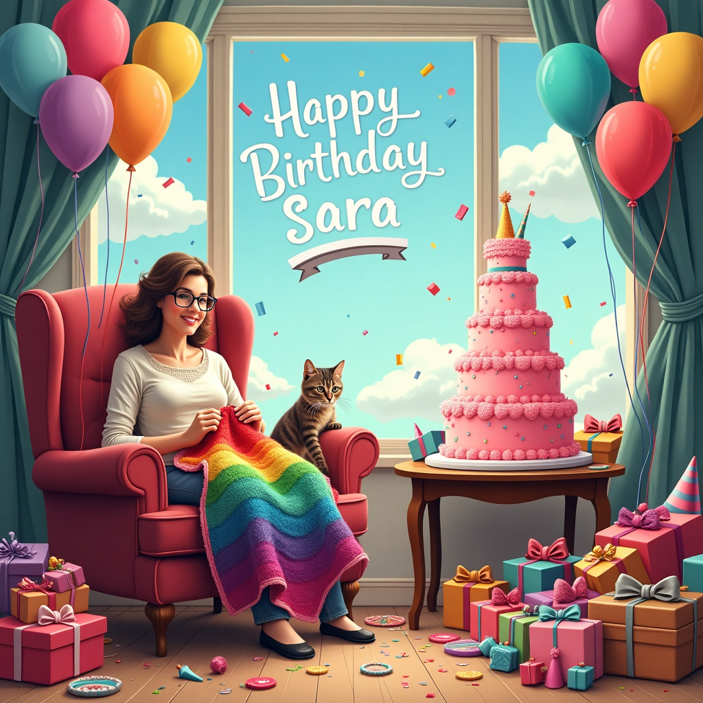 The birthday card front cover features a delightfully chaotic living room scene with a whimsical twist. In the center, a mother sits serenely on a plush, vintage armchair, completely engrossed in crocheting a vibrant, rainbow-colored blanket. Her glasses rest low on her nose, and a contented smile plays on her lips as her hands skillfully maneuver the crochet hook. Surrounding her, the room is an explosion of birthday chaos: balloons in a riot of colors are tethered to various pieces of furniture, some having escaped to hover near the ceiling. A mischievous tabby cat bats at a stray balloon string, adding to the commotion. To her right, a toppled pile of wrapped gifts spills across the floor, each box adorned with glittering bows and ribbons. In the background, the room's large bay window frames a clear blue sky where fluffy white clouds spell out "Happy Birthday Sara" in a playful, cursive script. A table nearby is adorned with a towering birthday cake, its multiple layers leaning precariously to one side, with bright pink frosting and a smattering of rainbow sprinkles. The cake's topmost layer is crowned with a small crochet cake topper that matches the blanket the mother is working on, and a tiny banner strung between two toothpicks proudly displays the name "Sara." Scattered party hats, confetti, and a few tipped-over party horns complete the festive pandemonium, while the mother remains unfazed, her calm presence the eye of the birthday storm.
Generated with these themes: Mother calmly crocheting in a chaotic scene.
Made with ❤️ by AI.