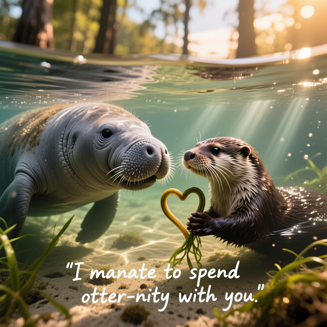 Photorealistic 4K UHD wildlife photo, cute mood, true-to-life textures and lighting. A half-submerged over/under split shot at golden hour in a crystal-clear Florida spring: a gentle Florida manatee rises near the surface, whiskered muzzle and pebbled gray skin catching sunlit caustics; beside it, a North American river otter treads water with wet, glossy fur, bright curious eyes, and delicate whiskers. The otter holds a small heart-shaped loop of eelgrass between its paws, offering it toward the manatee as they lean close nose-to-nose. Below the surface: rippling eelgrass, sandy spring bottom, soft suspended particles glowing in light beams; above the surface: blurred cypress and warm sky bokeh. Composition in portrait orientation with a touch of negative space near the bottom; tack-sharp focus on their eyes and the eelgrass heart, gentle background falloff, natural color palette. Technical feel: full-frame wide-angle with dome port, 24mm, f/5.6, 1/500s, ISO 400, high dynamic range, subtle vignette, no flash, no humans or gear visible. Add small, hand-lettered caption near the bottom in soft warm white with a faint shadow for legibility (not covering the animals): “I manatee to spend otter-nity with you.”
Generated with these themes: Otter, Manatee, and .
Made with ❤️ by AI.