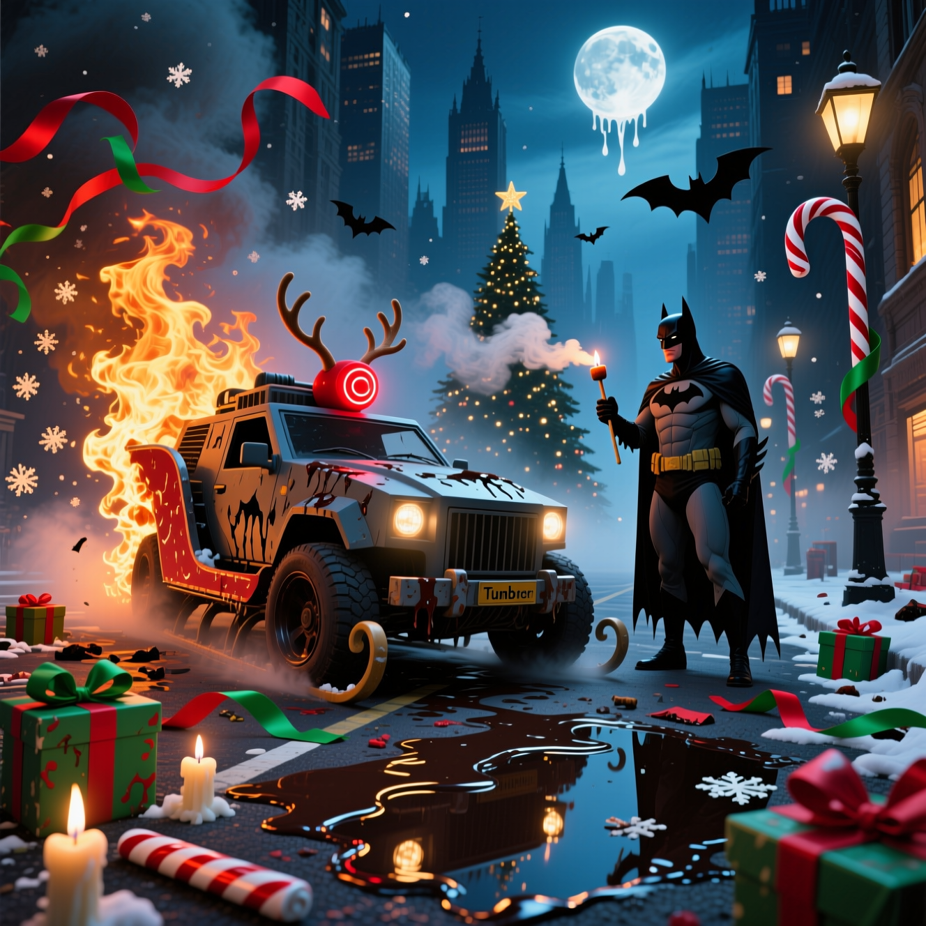 Batman, Tumbler, burning street, destroyed giftsgifts, and Christmas Card