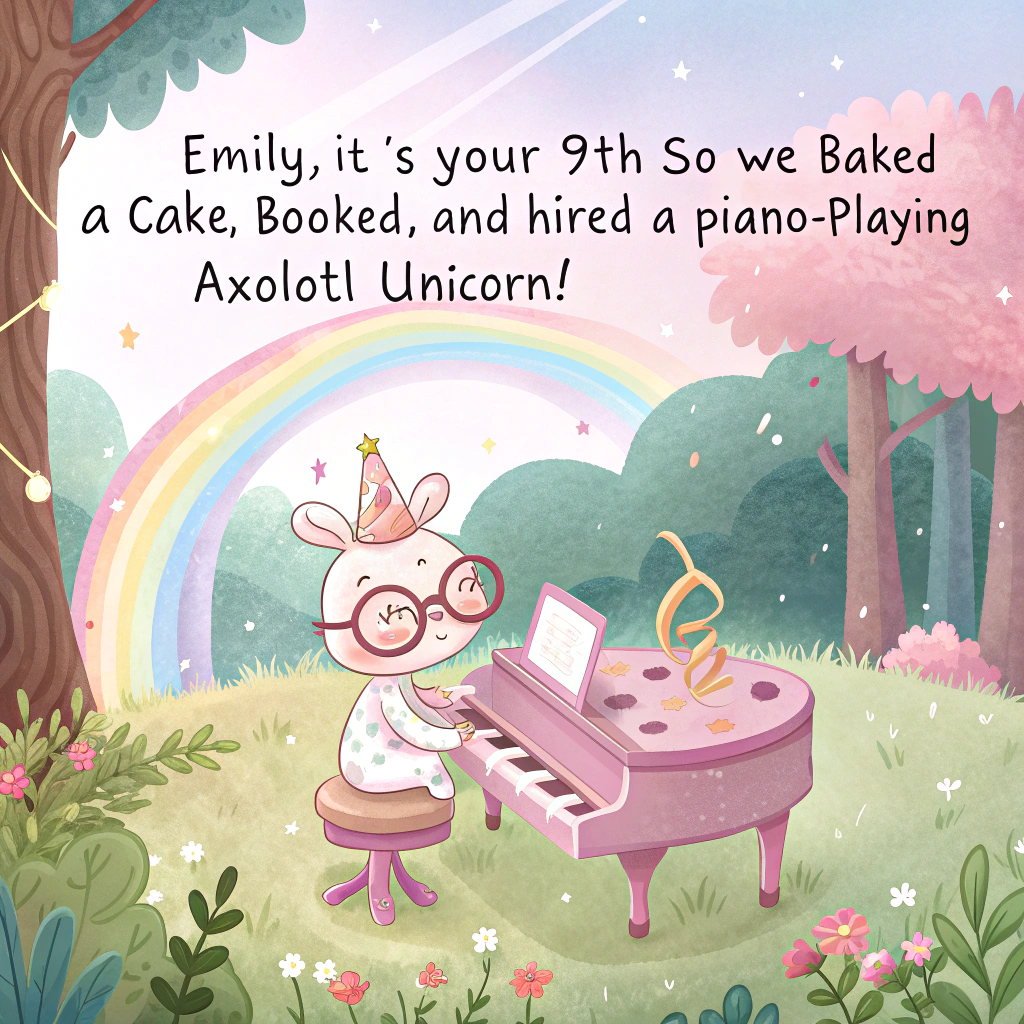 Axolotyl, Piano, Cake , Unicorn , and 9 Birthday Card