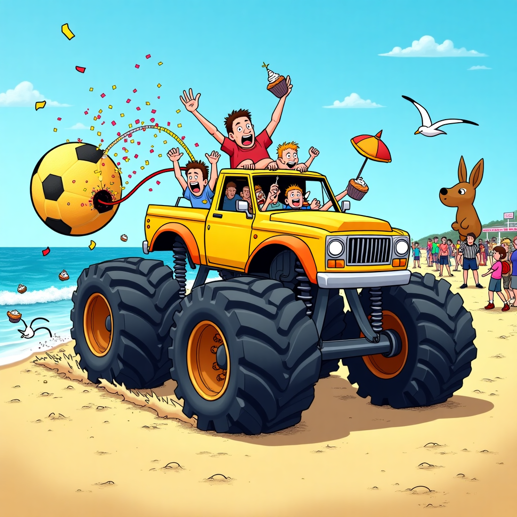 At the top of the cartoon image: "You are all Invited to MONSTER TRUCK MADNESS: Beach, Balls & Birthday Bounces!"

**Image Prompt:**
A hilariously oversized, brightly colored monster truck with enormous knobby wheels is rampaging across the sandy Gold Coast beach. The truck is being driven by a group of wildly excited kids in birthday hats, with confetti shooting from the exhaust pipes like party cannons. Strapped to the back of the monster truck is a gigantic, comically squished soccer ball bouncing behind it on a tow rope, causing beachgoers to dive for cover and seagulls to scatter in terror. One kid is kicking cupcakes into the crowd from the passenger seat while another is steering with a beach umbrella instead of a wheel. The sparkling blue ocean shimmers in the background, complete with a surfing kangaroo giving a thumbs-up and a beachside piñata shaped like a referee dangling from a lifeguard tower. Everything is bright, chaotic, and joyously ridiculous — the perfect cartoon celebration mashup.
Generated with these themes: Monster Truck with kids on it, Soccer ball, Gold coast, and .
Made with ❤️ by AI.