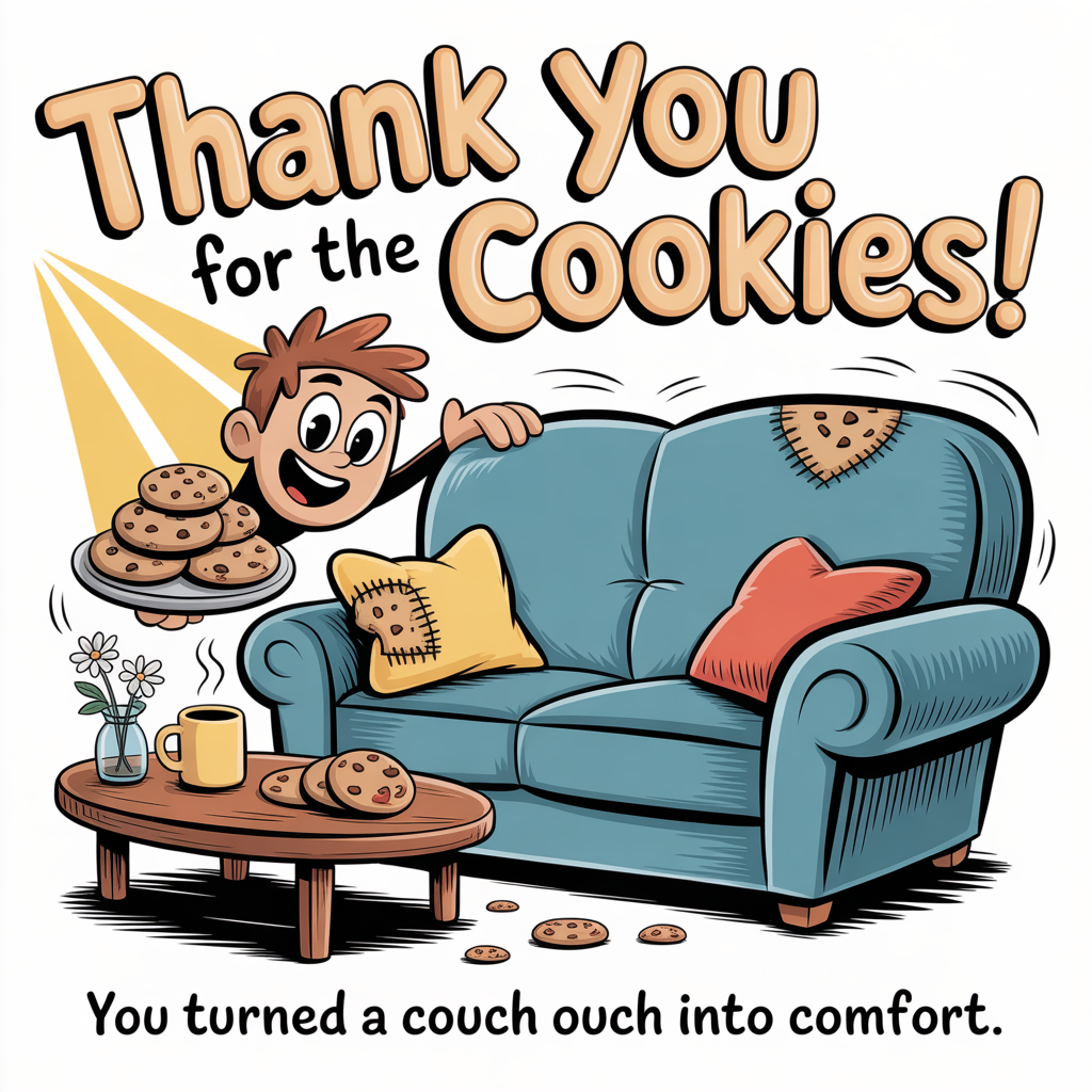 At the top of the Cartoon Style image, "Thank You for the Cookies!"

At the bottom of the image, "You turned a couch ouch into comfort."

Center scene: Playful cartoon style with thick outlines and bright, saturated colors. A cozy living room with a big, friendly teal couch as the hero, smiling softly. One cushion shows a small upholstery laceration (a cute fabric tear) neatly stitched with oversized, loopy threads and a cookie-shaped bandage patch. A cheerful character with exaggerated features and warm eyes leans forward from the couch, offering a plate piled high with chocolate-chip cookies; cookie crumbs swirl into tiny heart shapes. On the coffee table, a steaming mug and a little vase of daisies add warmth. Sunlight beams in buttery yellow, bouncing off the scene with whimsical motion lines. Color palette: cookie-browns, buttercream yellows, teal and coral accents. Hand-letter the top text in a chunky, rounded, frosting-like font; keep the bottom line clean and sincere. Energetic, joyful, and heartfelt—no extra text beyond the two lines.
Generated with these themes: Laceration, Couch, and .
Made with ❤️ by AI.
