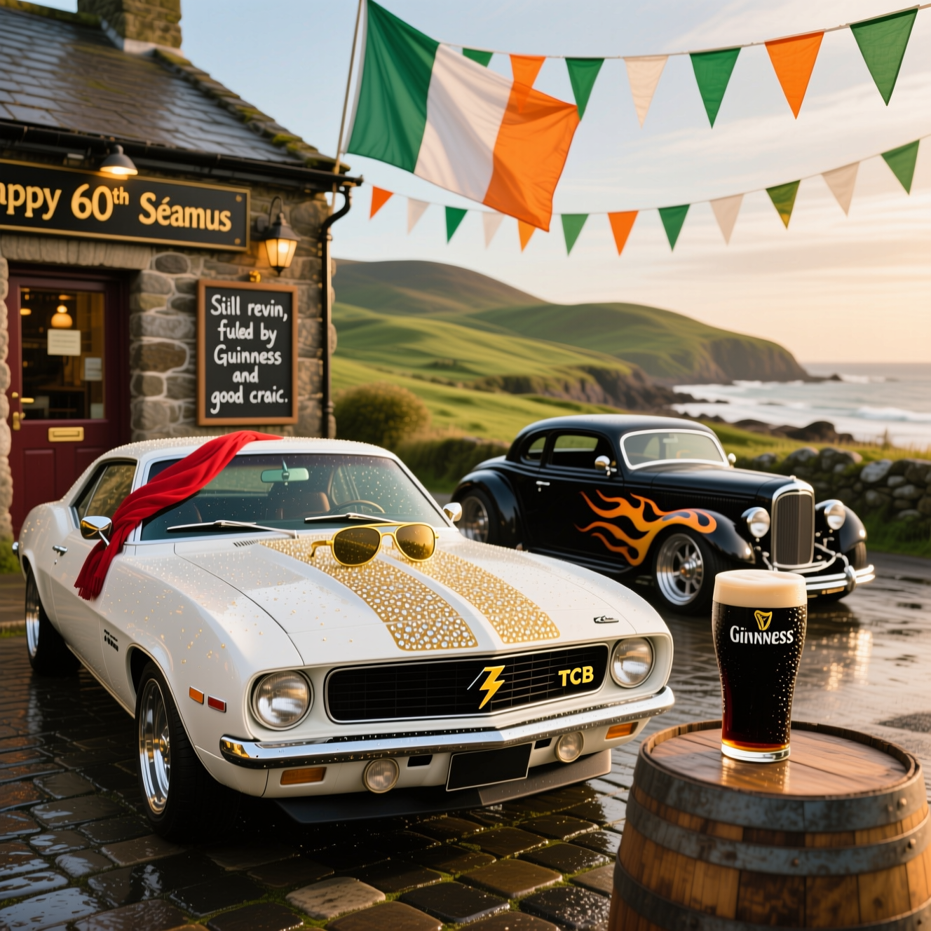 At the top of the Photorealistic picture taken from a camera image, Happy 60th Birthday Séamus

Ultra-high-definition 4K vertical photograph, lifelike textures and rich depth of field, golden-hour light. Scene: outside a cozy stone pub in rural Ireland, glistening wet cobblestones, rolling emerald hills and a hint of rugged coastline in the distance. A large Irish tricolor flag and strings of Irish-flag bunting flutter overhead.

Foreground: a pristine 1969 Chevrolet Camaro with Elvis-inspired styling—pearl-white paint with subtle gold metalflake, rhinestone-like pinstriping, a small “TCB” lightning-bolt badge on the grille, gold aviator sunglasses on the dashboard, and a red scarf draped from the rearview mirror. Parked next to it: a classic black flame-painted hot rod with polished chrome, low stance, and playful attitude.

On a wooden barrel by the pub door sits a perfectly poured pint of Guinness, creamy head catching the light, condensation beads on the glass. Add a small hand-lettered one-line caption on the pub’s chalkboard: “Still revvin’, fueled by Guinness and good craic.” Keep the caption clear, single line, and natural within the scene.

Camera: full-frame DSLR look, 35mm lens, f/4, ISO 100, 1/200s. Low three-quarter angle emphasizing the cars and pint; crisp focus on the front ends and glass, background softly blurred. Accurate lighting and reflections; colors rich but natural: emerald greens, pearl white, warm gold, and the orange-white-green of the Irish flag. Funny, celebratory mood without exaggeration—photorealistic, no CGI feel.
Generated with these themes: Elvis Camaro , hot rod, Ireland, Irish flag, guiness, and .
Made with ❤️ by AI.