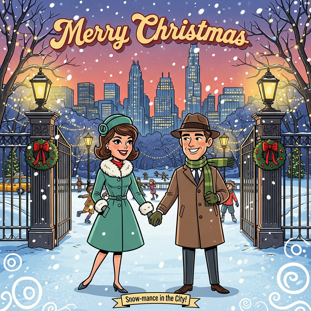 Create an image Using the attached image replacing the couple in the original photo with the faces from the couple in the second attached image Creating a vintage Christmas card, circa 1960s New York City, using the faces of the couple in the attached picture and have them standing at the entrance to Central Park New York, with snow falling, dressed in vintage garments, with skyscrapers in the far background amd children ice skating behind the couple., and Christmas Card