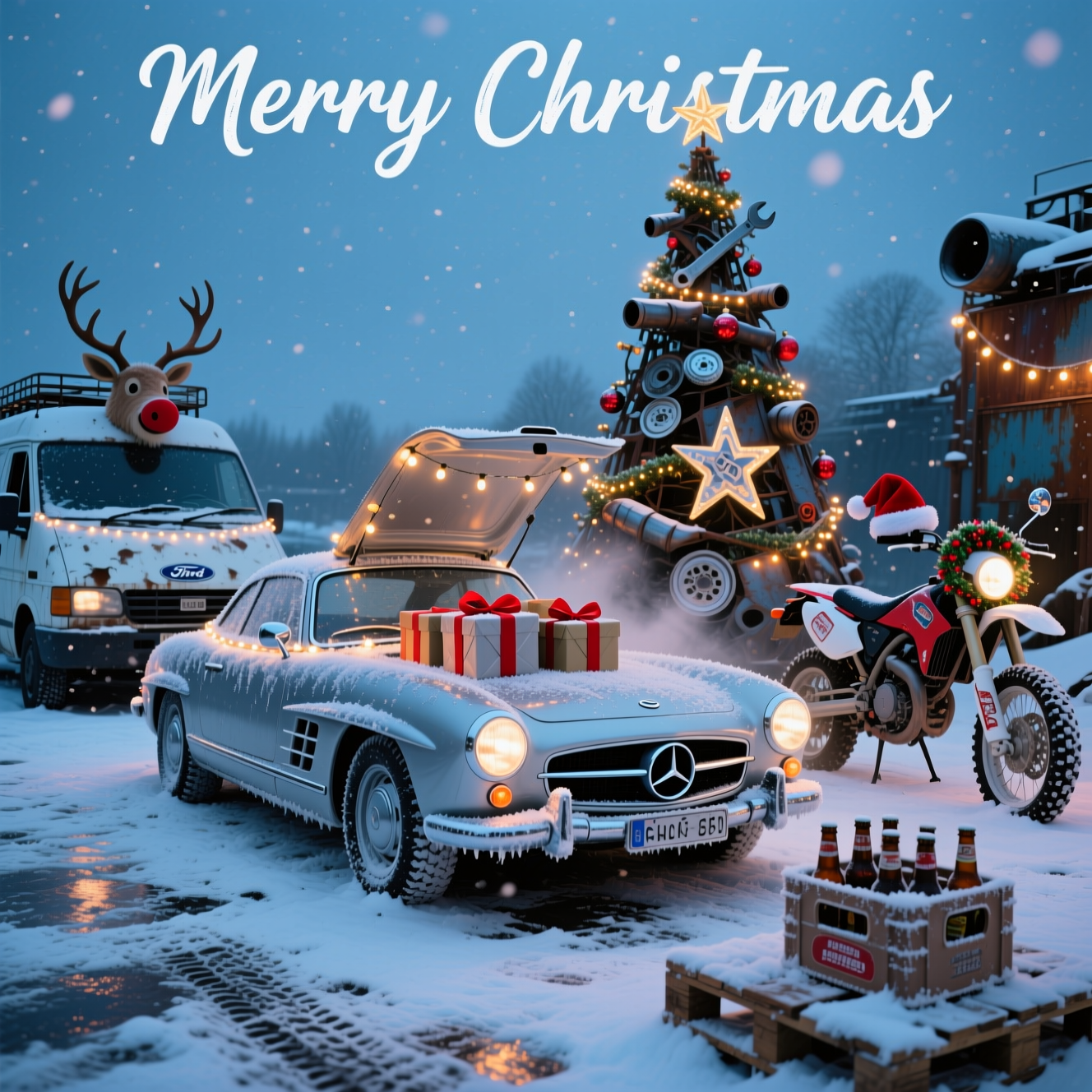 At the top of the Photorealistic picture taken from a camera image, Merry Christmas

Ultra-high-definition 4K UHD photorealistic winter scene set at blue hour in a snow-dusted scrapyard turned festive. Center frame: a gleaming classic Mercedes SL car (silver) parked three-quarters toward camera, its chrome and hood ornament sparkling under warm string lights. The SL’s boot is open, stuffed with neatly wrapped presents and a couple of frosty beer crates tied with a red ribbon; delicate frost crystals cling to the bodywork. To the left, a slightly battered white Ford Transit van is playfully dressed like a reindeer: antlers strapped to the roof rack, a big red “nose” on the grille, and a strand of fairy lights tracing its silhouette. To the right, two motorbikes (a café racer and a dirt bike) rest on their stands; each sports a Santa hat on the mirror, tinsel around the bars, and a tiny wreath on a headlight. Behind them, a towering “Christmas tree” welded from scrap metal—exhaust pipes as garlands, hubcaps as shimmering baubles, license-plate shards twinkling like ornaments, and a star made from crossed wrenches—glows with warm bulbs, casting cozy reflections across wet, snowy ground.

Falling snow is captured mid-air with crisp detail; tire tracks and slush texture the foreground. A wooden pallet in front holds a crate of beer bottles with visible condensation and a light dusting of snow; breath-like exhaust mist hangs softly at the tails of the vehicles. Lighting balances cool ambient twilight with warm tungsten from string lights and low-beam headlights, producing rich depth of field: sharp subjects in the midground, creamy bokeh in the background. Shot from a low angle on a full-frame camera with a 35mm lens at f/2.8, ISO 200, 1/125s; lifelike textures, accurate reflections, and true-to-life color grading for a funny yet realistic holiday vibe.

Render the top text “Merry Christmas” as a frosty white hand-painted script with a subtle warm glow, integrated into the dusky sky above the scene without blocking key details.

At the bottom of the image, add a small cheeky line in clean sans-serif: Cheers, Gears, and Reindeer!
Generated with these themes: Beer, Mercedes sl car, ford transit, scrap metal, motorbikes, , and .
Made with ❤️ by AI.