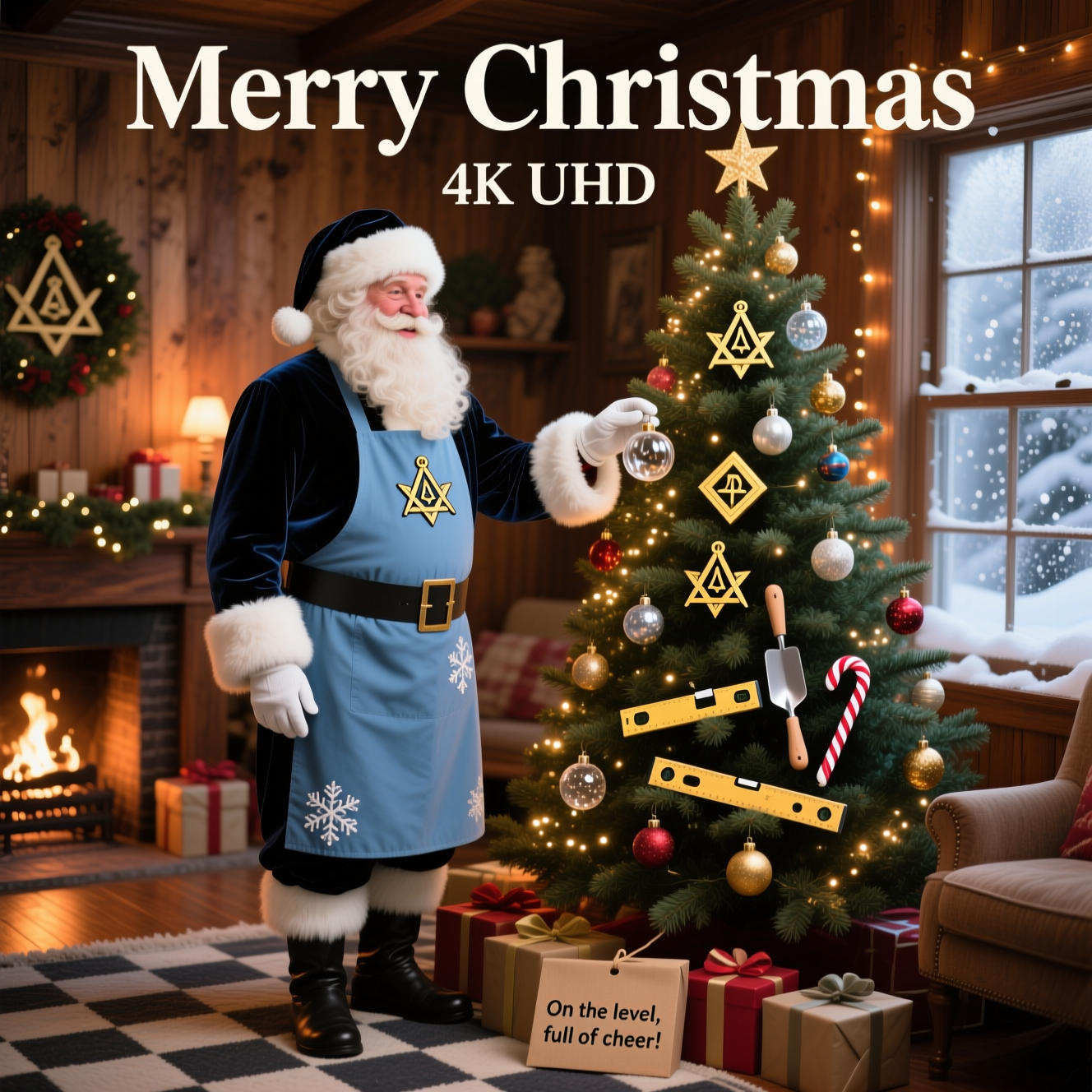 At the top of the Photorealistic picture taken from a camera image, Merry Christmas

4K UHD photorealistic indoor Christmas scene, cute mood: a jolly Freemason Santa in tasteful regalia (sky-blue apron with subtle snowflake embroidery, white gloves, square-and-compasses lapel pin) stands beside a lush, twinkling Christmas tree, gently placing an ornament; classic glass baubles plus whimsical Masonic touches (tiny golden squares and compasses, miniature level, candy-cane trowels). Cozy wood-paneled room with fireplace glow, wrapped gifts, a frosted window with soft snowfall; subtle checkered rug; warm fairy lights creating creamy bokeh. Composition leaves generous negative space across the upper third for the title; Santa and tree framed center-right. Lifelike textures—velvet suit, fur trim, pine needles, wood grain—accurate warm lighting with a gentle rim light; rich depth of field. Shot on a full-frame DSLR, 50mm prime, f/1.8, ISO 200, 1/125s, eye-level. Small in-scene caption on a kraft gift tag near the bottom: “On the level, full of cheer!” True-to-life color, crisp, clean, high dynamic range.
Generated with these themes: .
Made with ❤️ by AI.
