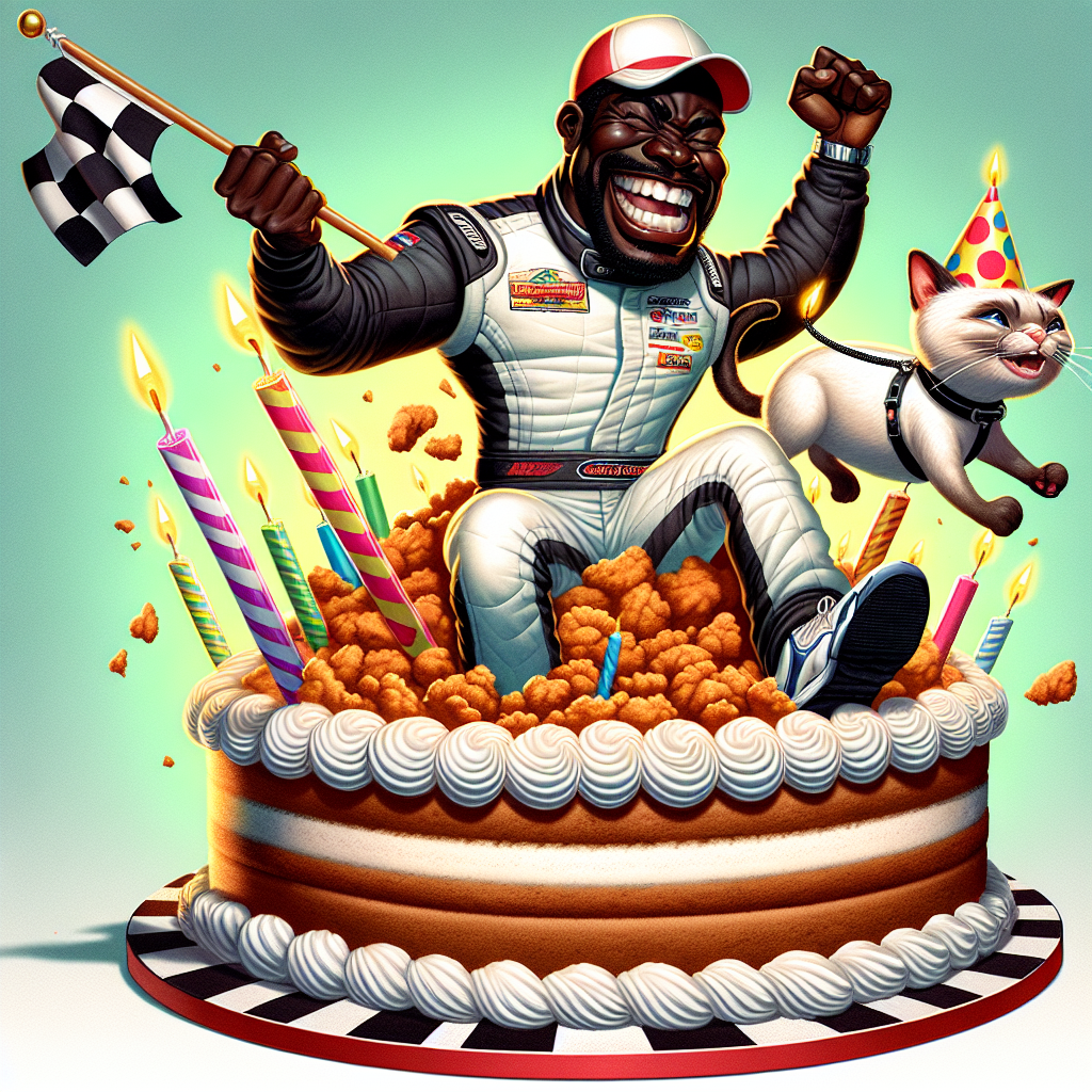 A cartoonish portrayal of an athletic, black, male race car driver bursting out of a giant, vibrant birthday cake on a race track. Dressed in his racing suit and a party hat, he's beaming ecstatically. In one hand, he brandishes a checkered flag while in the other he grasps the leash of an amusing white Siamese cat dressed in a tiny helmet. The base of the cake is humorously laden with pieces of fried chicken, suggesting a birthday feast that comically substitutes the usual birthday candles, and is seemingly as fast as the driver's profession.
Generated with these themes: Lewis Hamilton, White siamese cat, and Fried chicken .
Made with ❤️ by AI.
