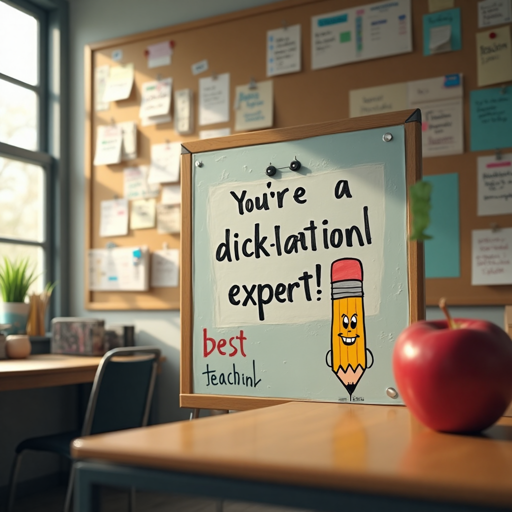 At the bottom of the Photorealistic picture taken from a camera image, include the text: "best teacher"

---

**Image Prompt:**

Capture a photorealistic scene in a bustling teacher's lounge. On a large bulletin board, a humorous sign stands out among the clutter of notes and reminders. The sign humorously reads: "You're a dick-tation expert!" Below the sign, a playful drawing of a cartoonish, exaggerated pencil with a cheeky grin stands next to an apple, adding to the fun vibe. The natural lighting from a nearby window casts soft shadows, enhancing the textures and colors, while giving the entire scene a warm and inviting feel. The depth of field highlights the quirky sign, making it the focal point of this amusing thank-you card dedicated to a fantastic teacher.
Generated with these themes: Your a dick, Willy, and .
Made with ❤️ by AI.
