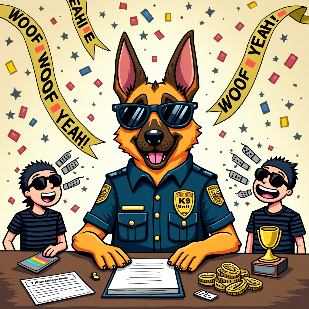 At the top of the illustration image, "Vector & Jimmy—You’ve Unleashed Absolute Paw-someness!"

Prompt:  
A humorous illustration of a fierce-looking German Shepherd police dog wearing oversized sunglasses and a “K9 Unit” badge, sitting proudly at a desk covered in trophies, certificates, and a “Mission: Totally Crushed It” report folder. Around the dog, little cartoon crooks (wearing black-striped shirts and domino masks) cower in fear or are hilariously tangled in police tape. In the background, confetti cannons explode with “WOOF YEAH!” banners fluttering down. The dog smirks like it knows it’s the top dog. Bright, punchy cartoon colors, playful sketchy lines, and loads of energy — a perfect celebration of an over-the-top achievement with a dangerous twist of canine charm.
Generated with these themes: Make a dangerous police dog, a german shephard.
Made with ❤️ by AI.