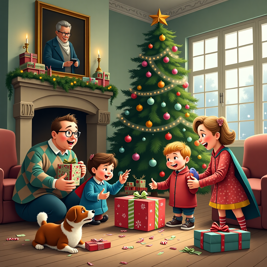 Family of four with dog opening presents Christmas Card