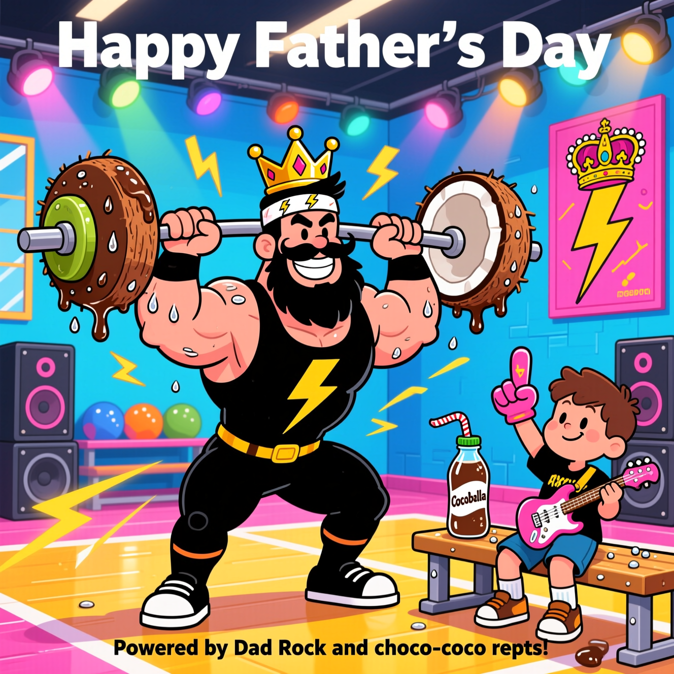 At the top of the Cartoon Style image, Happy Father’s Day 

Playful, funny, image-first cartoon scene in a bright, saturated gym. Center stage: a heroic dad with a big mustache and goofy grin, exaggerated muscles, thick black outlines, deadlifting a barbell whose plates are giant coconut halves dripping chocolate. Sweat beads pop off as tiny lightning-bolt shapes. He rocks a tiny gold crown tilted on his head and a lightning-bolt headband, blending Queen royalty with AC/DC energy. Nearby, a chilled bottle of Cocobella chocolate coconut water with a bendy straw sits on a bench, beaded with condensation, winking like a hype buddy. Background: speaker stacks and colorful stage lights; wall art that nods to classic rock with bold lightning-bolt graphics and regal crown motifs (no extra words), while a kid spotter strikes an energetic “roadie” pose with a foam finger shaped like a guitar pick. Dynamic motion lines, glossy highlights, bouncy shapes, and a vibrant palette (electric blues, hot pinks, sunny yellows) emphasize the whimsical vibe.

Small caption at the bottom: Powered by Dad Rock and choco-coco reps!
Generated with these themes: Gym, lifting weights, Cocobella chocolate coconut water, acdc, queen band , and .
Made with ❤️ by AI.