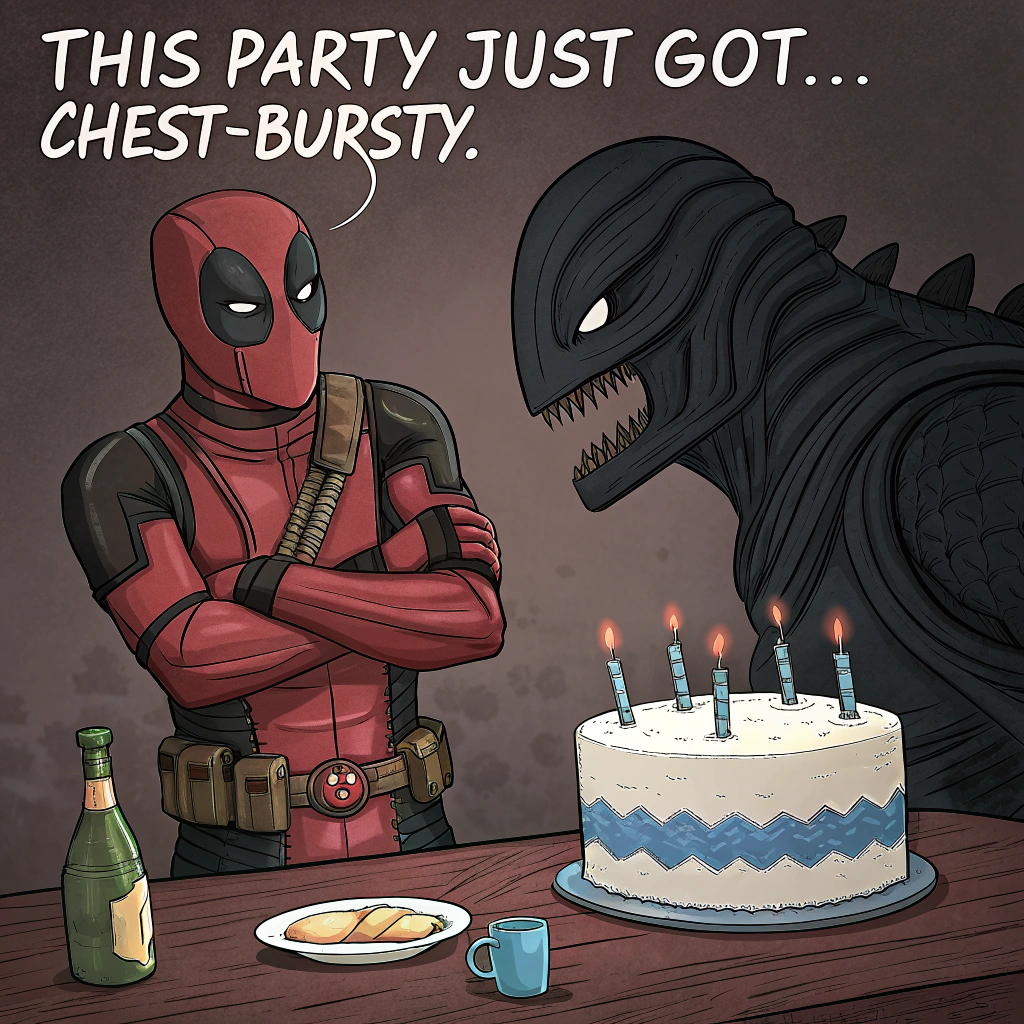 At the top of the image, "This party just got... chest-bursty."

- The image is a solemn, darkly humorous realistic photograph.
- In the center, Deadpool stands still and slightly solemn, arms folded, in front of a decorated table.  
- Behind him, a looming, terrifying Xenomorph towers, glistening black and biomechanical, hunched slightly and drooling onto a pristine birthday cake.
- The cake has thick blue icing and several flickering candles. A large bite is suspiciously missing from one side.
- The Xenomorph wears a cheap, tilted party hat perched precariously on its slick cranium.
- Around the scene, a few sad helium balloons sag in the air — one of them with a tear in it, deflating mid-hover.
- Hanging over the scene is a crude banner strung between two wall hooks that reads in big jagged letters: "STAY AWAY FROM THE CAKE YOU BITCH!"
- Deadpool has a single black balloon tied to his wrist. His eyes (through the mask) squint with exaggerated disdain.

The whole setting feels slightly off-kilter — as if no one actually wanted to attend the party — bathed in moody lighting, giving it a melancholy edge.
Generated with these themes: Deadpool , Big, scary Xenomorph wearing party hat and drooling, Balloons, Birthday cake with blue icing, and Banner saying Stay away from the cake you BITCH!.
Made with ❤️ by AI.