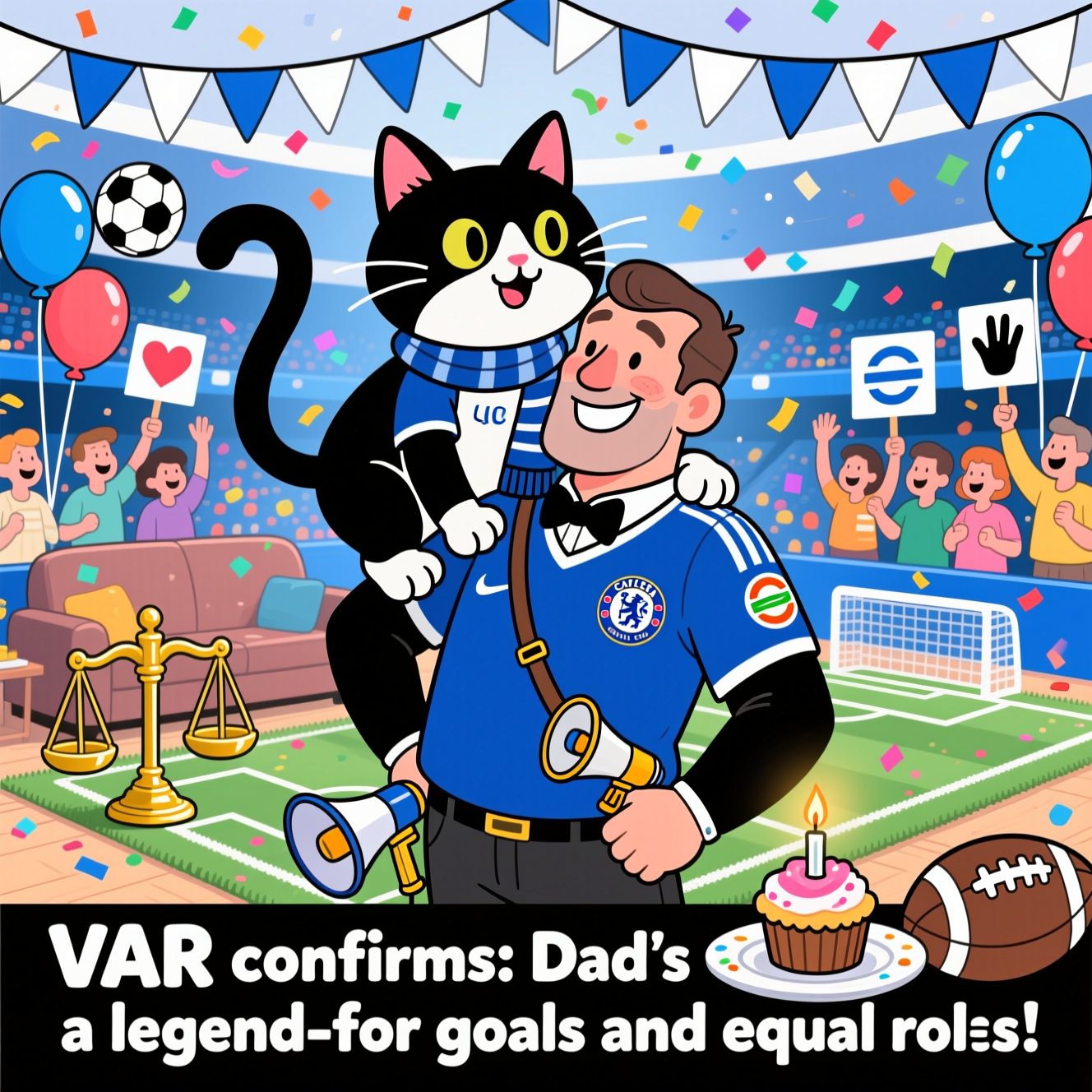 Playful cartoon, full-bleed portrait. Center stage: a confident black-and-white tuxedo cat with a big head, chunky paws, cheeky smirk, and swaggering strut, perched on his smiling Dad’s shoulder and nuzzling his cheek; the cat’s tail curls into a heart. The cat wears an oversized royal-blue soccer jersey and scarf in Chelsea FC colors (generic lion crest), a captain’s armband with an equality symbol, and a tiny megaphone slung at the hip. Scene set in a living room transformed into a mini stadium: blue-and-white bunting, football balloons, confetti raining down, a soccer-pitch rug, and a gold trophy cleverly shaped like scales of justice. Diverse neighbors/fans cheer in the background with icon-only placards (hearts, equal signs, raised hands) to nod to social justice. A single candle cupcake sits on a football-shaped plate for birthday flair. Thick black outlines, bright saturated colors, exaggerated proportions, whimsical energetic poses, dynamic angle, glossy cel shading, sparkly highlights.

Text on image (one short line, bottom in bold playful type):
“VAR confirms: Dad’s a legend—for goals and equal roles!”
Generated with these themes: Confident black and white cat who loves his Dad, Chelsea FC, Social justice , and .
Made with ❤️ by AI.