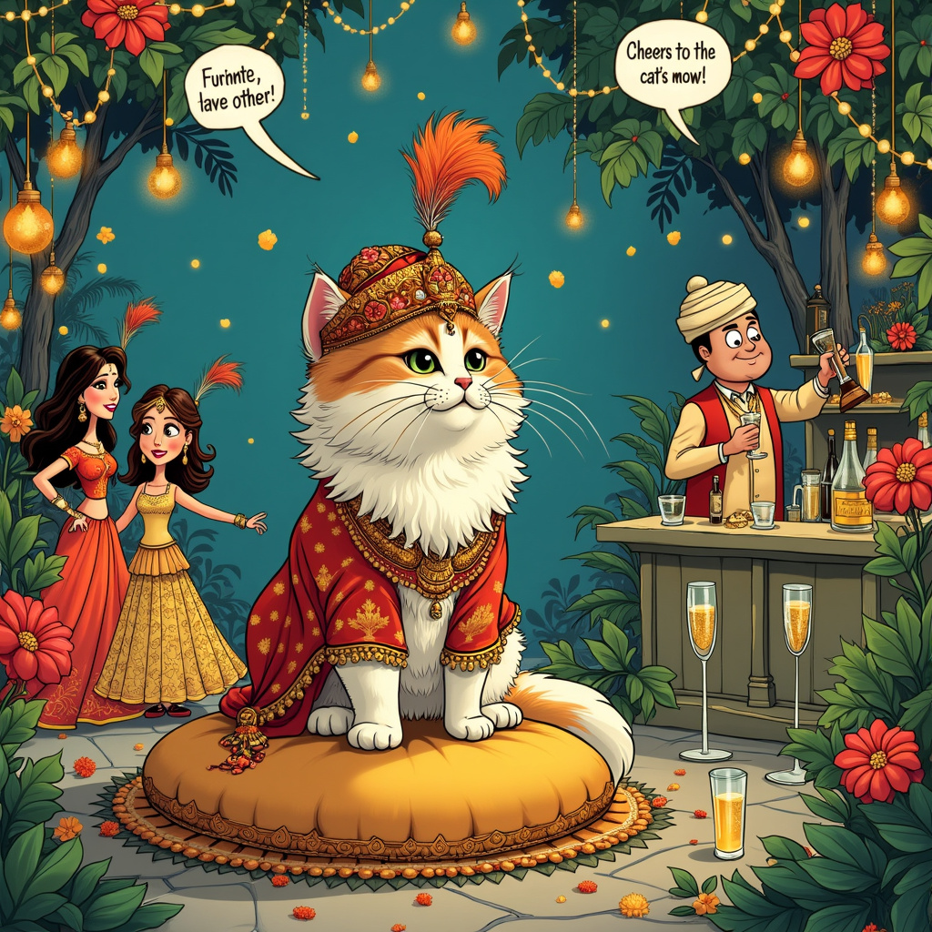 The scene is set in a lavish, exuberant garden that's brimming with vibrant, exotic flowers of all hues, akin to the whimsical yet detailed backgrounds of Winsor McCay’s work. In the center of this garden, a grand Persian cat, with luscious, flowing fur and expressive eyes, sits regally on a gilded cushion. The cat is dressed in a miniature Bollywood-inspired outfit, complete with a sparkling turban adorned with a single peacock feather, reminiscent of the kind of theatrical costuming Walt Disney would have imagined for an animated fairytale.

To the left of the cat, a jubilant wedding celebration unfolds. A joyful bride and groom, adorned in traditional Bollywood wedding attire, dance energetically, their garments a flurry of bright reds, golds, and blues, as if animated by Bill Watterson’s dynamic lines. The groom wears a grand turban with a cascade of floral garlands, while the bride's hands and arms are intricately decorated with henna, detailed with Osamu Tezuka’s meticulousness.

To the right, a whimsical bar setup catches the eye. A cartoonish bartender, who bears a striking resemblance to Charles Schulz’s Snoopy in a turban and waistcoat, mixes champagne and whisky in exaggerated, cartoonish fashion. Bottles and glasses are scattered about, each labeled in Gary Larson's quirky, handwritten style. Some of the glasses are already overflowing with bubbly champagne, with the fizz animated like a scene out of an Art Spiegelman panel.

Above the dancing crowd and the elegant bar, strings of twinkling fairy lights and garlands of marigolds crisscross the sky, adding a touch of Hergé’s detailed backgrounds from Tintin. A couple of floating speech bubbles, designed in the playful manner of R. Crumb, carry humorous thank-you messages, one from the Persian cat saying, “Fur-tunately, we have each other!” and another from the bartender exclaiming, “Cheers to the cat’s meow!”

Finally, in the background, there is a festive band playing upbeat music. The musicians are caricatured animals – a dancing elephant with a sitar, a monkey with cymbals, and a snake charming a flute, all illustrated in a way that reflects Will Eisner’s storytelling prowess. They add a touch of absurdity, ensuring the scene bursts with life and humor.

Every inch of this greeting card is packed with detailed elements, ensuring the themes of Persian cat, Bollywood, wedding, champagne, whisky, turban, dance, and flowers are not just present but intertwined in a lively, celebratory narrative.
Generated with these themes: Persian cat, Bollywood, Wedding, Champagne, Whisky, Turban, Dance, and Flowers.
Made with ❤️ by AI.
