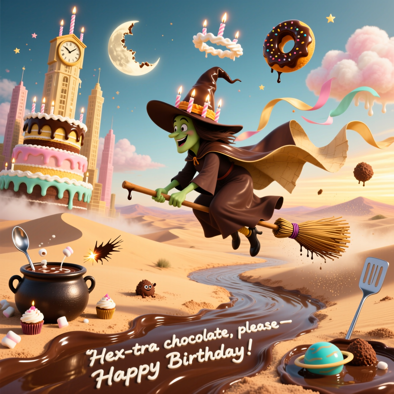 Dreamlike Dali-inspired surreal comedy scene: a friendly witch swoops across a vast “dessert desert” on a gleaming whisk-broom, trailing ribbons of whipped-cream clouds. Cocoa-powder dunes roll into glossy rivers of melted chocolate; towering layer-cake skyscrapers lean and melt like soft architecture, slices sliding at impossible angles, candles drooping like clocks. A cauldron of hot cocoa bubbles into tiny cupcake comets and marshmallow planets; silver spoons and spatulas sag and drip. The witch wears a tall chocolate cupcake hat crowned with melting, lit birthday candles; her cape unfurls like parchment into fondant streamers. Donut halos float overhead; a bitten chocolate moon hangs in a cotton-candy sunrise; sprinkles glitter like stars. Playful truffle critters peek from ganache pools. Ethereal golden-hour glow, long surreal shadows, glossy ganache highlights, sugar-dust mist; rich cocoa browns, caramel golds, cream, pastel pinks and mint with a spark of electric cyan. Wide-angle, low perspective, dynamic composition, highly detailed, whimsical, funny, painterly textures with photoreal chocolate sheen. Include a small, cheeky line of hand-lettered text piped in white icing along the lower chocolate river, clean and legible: “Hex-tra chocolate, please—Happy Birthday!”
Generated with these themes: Witch, cakes, chocolate , and .
Made with ❤️ by AI.