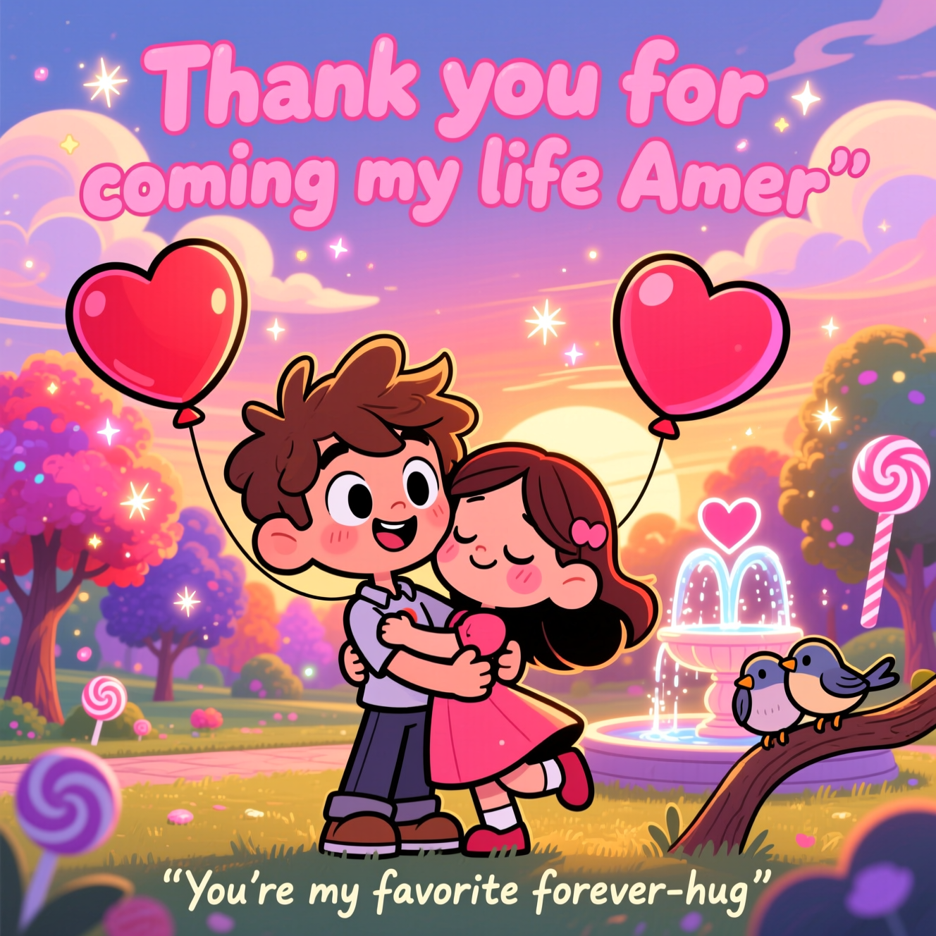 At the top of the Cartoon Style image, write in playful, bold pink bubble letters: **"Thank you for coming my life Amer"**.  

A whimsical, brightly-colored cartoon scene of a romantic couple hugging tightly in a magical park at sunset — the characters have exaggerated proportions, big expressive eyes, and huge warm smiles. The boy has tousled hair and is holding the girl close, while the girl’s eyes are closed in bliss, a little blush on her cheeks. Around them, giant heart-shaped balloons float in the air, pastel clouds swirl above, and tiny glowing sparkles drift around like fairy dust. Behind them, candy-colored trees and a glowing fountain shaped like a heart add to the dreamy atmosphere. A pair of cute cartoon birds sit together on a branch nearby, also hugging. The style is playful, outlined with thick black lines, full of saturated reds, pinks, purples, and gold, radiating warmth and affection. At the bottom, in small hand-drawn lettering, add: **"You’re my favorite forever-hug"**.
Generated with these themes: Romance, Hug, and .
Made with ❤️ by AI.