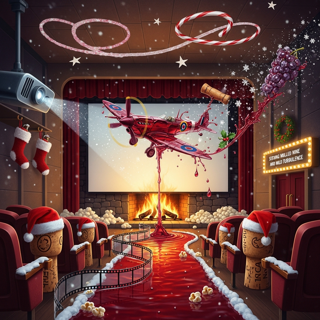 At the top of the Surreal Style image, Happy Christmas Jon

Dreamlike, funny Christmas scene in a surreal, otherworldly cinema-lounge that melts into a grand stone fireplace. The theater screen is actually the roaring hearth: flames unfurl into curling filmstrips and drip like soft candle-wax celluloid. A glossy red wine river runs down the aisle like a velvet red carpet, reflecting ember light and snowy sparkles. Floating center stage, a cheerful vintage Spitfire sculpted entirely from splashing red wine hovers playfully above the wine river; its spinning propeller is a corkscrew, flicking ruby droplets that become tiny holly berries midair. Candy-cane contrails scribble loopy stars across the ceiling. Plush cinema seats are giant bottle corks wearing tiny Santa hats; stockings made of film perforations hang from the mantle; the projector pours a beam of liquid merlot, casting dancing grape-snowflakes over everything. Popcorn falls as snow, piling in soft dunes against the hearth. Palette: deep burgundy and merlot reds, ember orange, frosted silver, pine green, and warm gold; ethereal volumetric lighting; melting edges and exaggerated shadows; painterly, dreamlike textures.

Place a small, witty text line on the glowing cinema marquee at the back: “Serving mulled wine and mild turbulence.”
Generated with these themes: Red wine,fireplace,spitfire, cinema, and .
Made with ❤️ by AI.