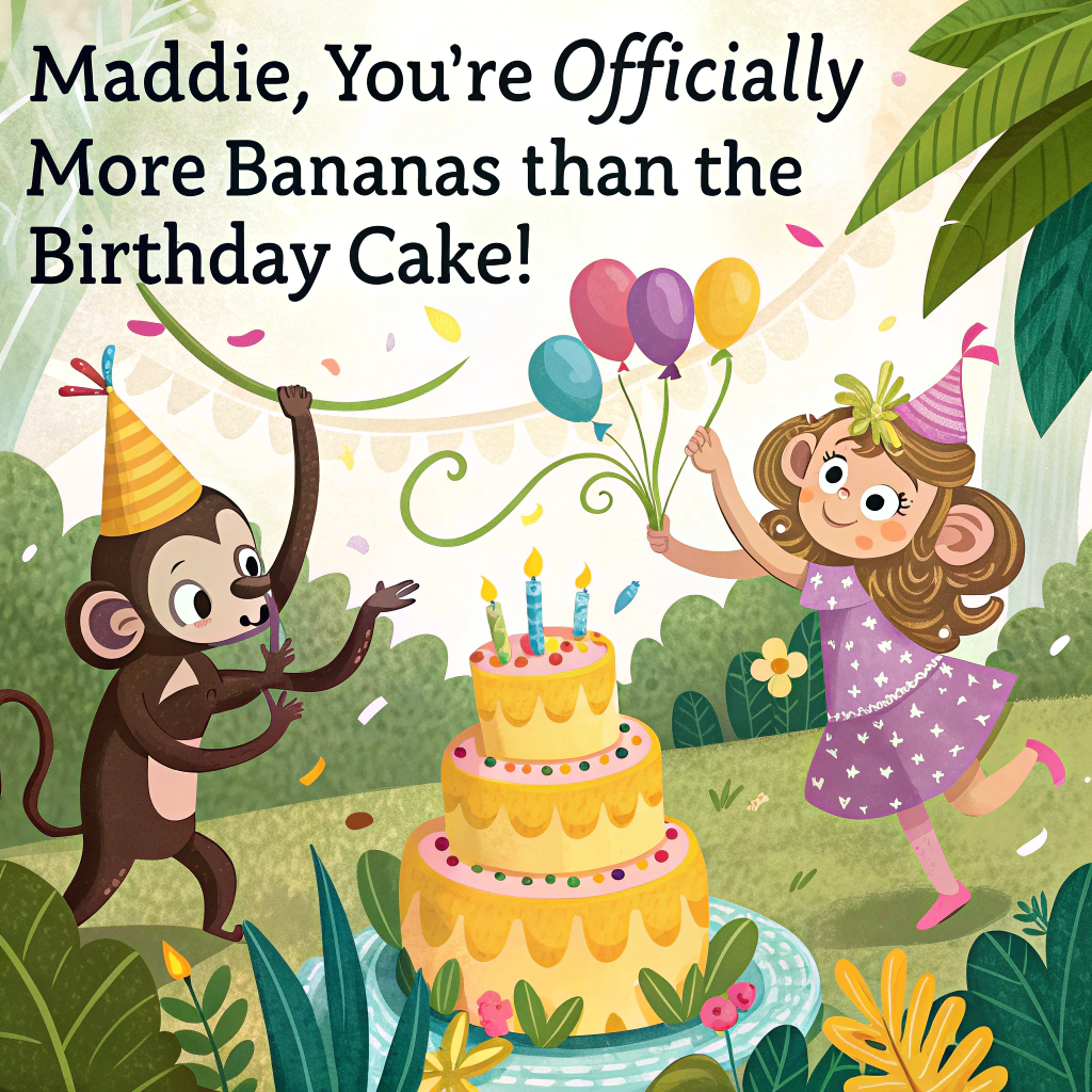 At the top of the image, "Maddie, you're officially more bananas than the birthday cake!"

– In the center of the image, illustrate a chaotic cartoon jungle birthday party. A group of mischievous monkeys swing on vines wearing party hats, one monkey is trying to light the candles on a cake while hanging upside-down, and another is stealing balloons and juggling bananas.

– In the middle, show Maddie (drawn as a fun cartoon character) wearing a banana-themed party dress, surrounded by monkey mayhem — she’s laughing as a monkey sticks a party horn in her ear.

– Add lots of cheeky birthday chaos: flying banana peels, coconut confetti, and a piñata shaped like a giant banana mid-swing.

– At the bottom of the image, write: “Hope your day is full of monkey business and zero adult supervision!”
Generated with these themes: Monkey.
Made with ❤️ by AI.