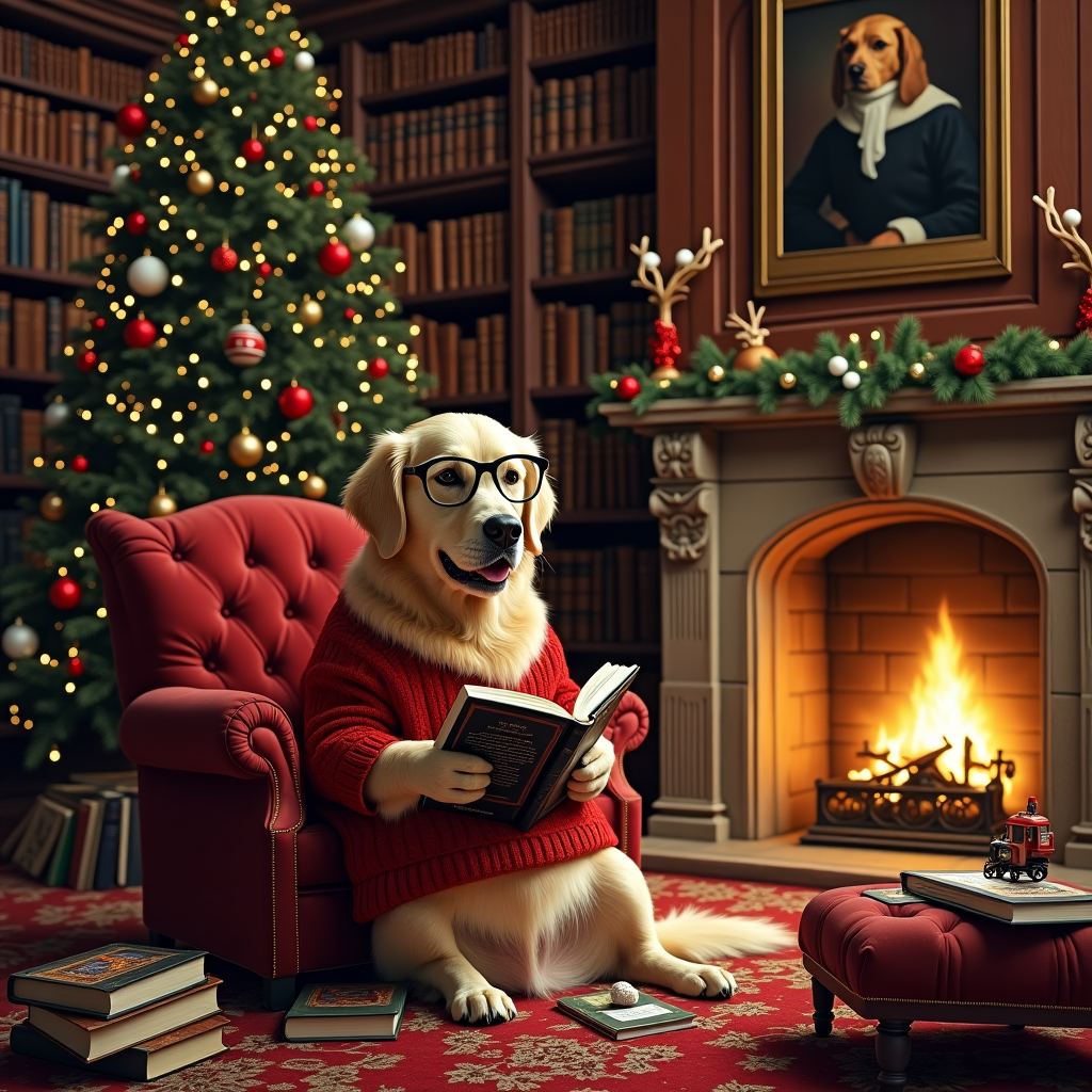 Dog in library reading book Christmas Card