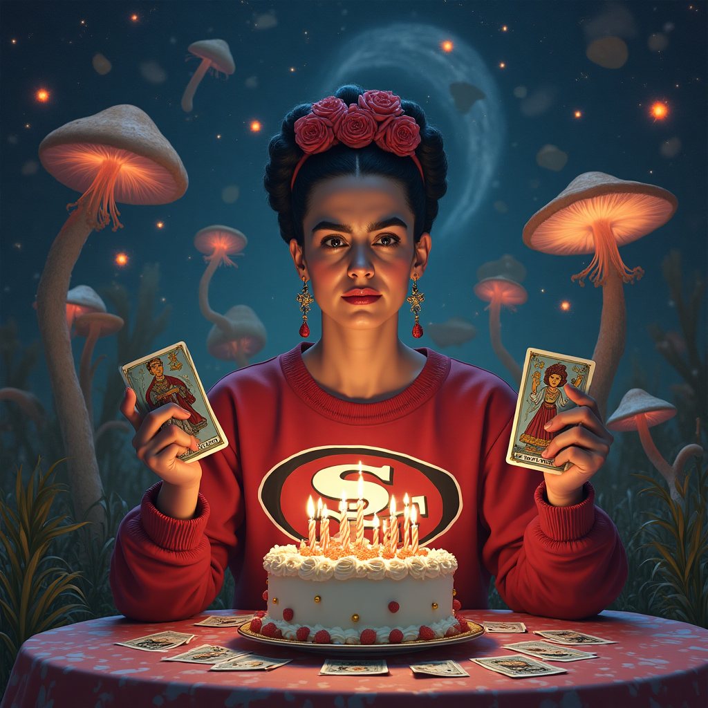 Seance with freida Kahlo wearing a san francisco 49ers sweatshirt, holding tarot cards. candles, birthday cake on the table. floating mushrooms in the background., and Birthday Card