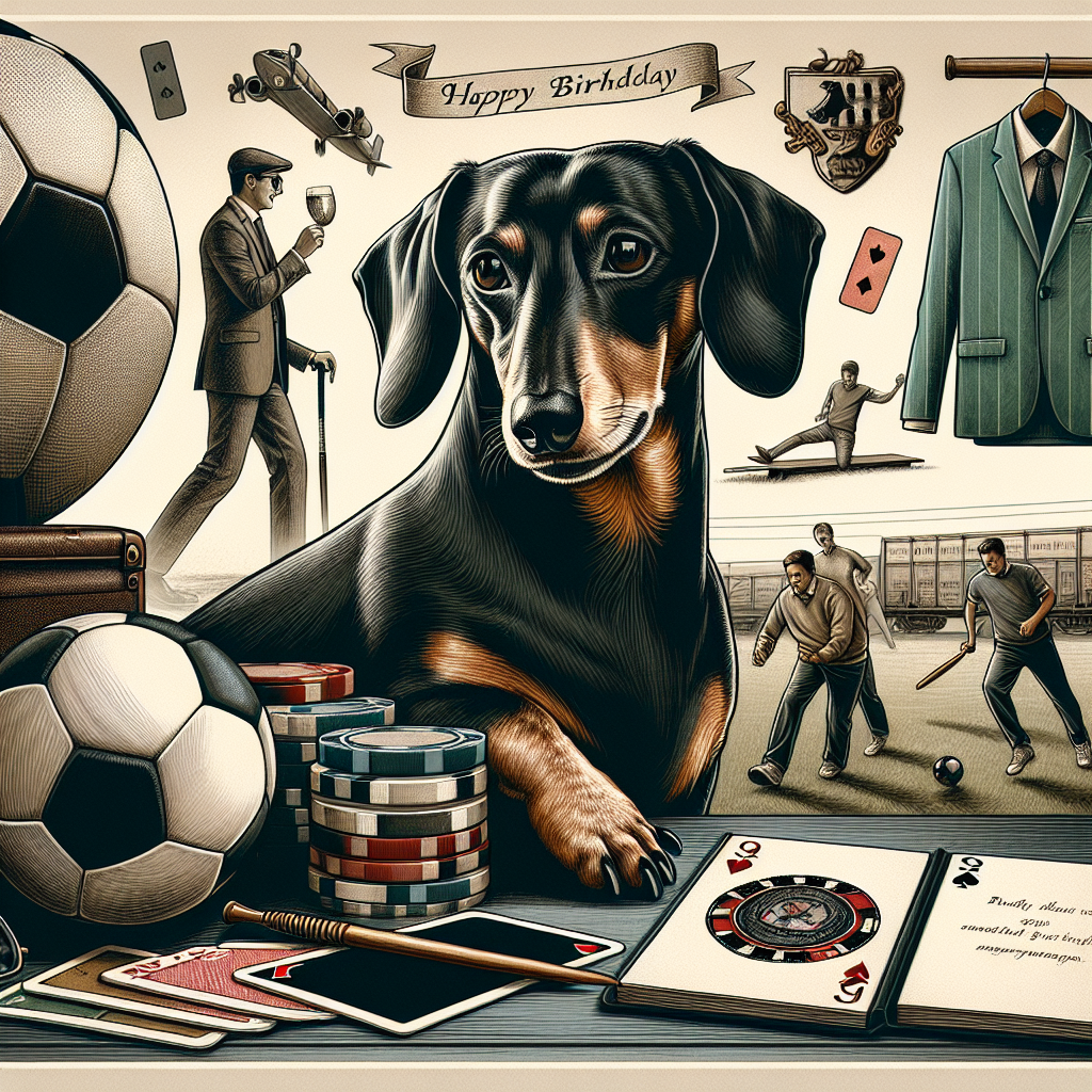 Soccer , Black and Tan sausage dog , 30, Poker, Freight train (DB), and Cricket Birthday Card