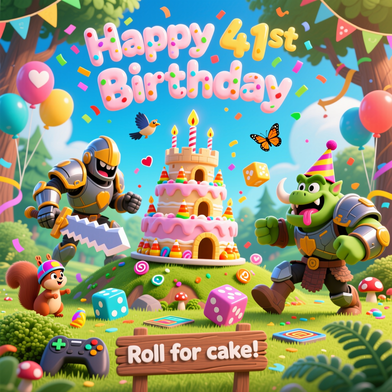At the top of the Cartoon Style image, Happy 41st Birthday in big frosted bubble letters with thick outlines, sprinkles, and confetti popping around the text.

Playful, exaggerated cartoon scene: a sunlit forest clearing turned into a cheeky tabletop wargame battlefield. In the center, a towering tiered birthday cake shaped like a whimsical fortress—icing ramparts, candy-corn “turrets,” and candles like tiny rockets—perched on a grassy hill of miniature terrain. A heroic, power-armored sci‑fi knight with comically oversized pauldrons and a huge grin charges in, holding a hilariously big serrated foam sword; opposite, a goofy, green, tusky brute in mismatched armor and a party hat skids toward the cake, drooling and wide‑eyed. The mood is silly and celebratory, not violent.

Gaming vibes everywhere: chunky six-sided dice tumble through the air, a shiny d20 gleams in the grass, a game controller peeks from under a bush, and faint, cartoony HUD icons (hearts, stars, XP orbs) float above the action. Nature comes alive: cheeky squirrels in tiny helmets push a giant die up the hill, birds “air‑drop” rainbow sprinkles, butterflies zip like tokens, and mushrooms and ferns provide cover. Streamers, confetti, and bright balloons are tangled in tree branches. Exaggerated proportions, thick black outlines, bright saturated colors (lime greens, sky blues, hot pink frosting, sunny yellows), glossy highlights on armor and icing, and energetic action lines give the whole scene a bouncy, comedic feel. No logos or brand marks.

Add one small, funny caption at the bottom on a wooden sign with a thick outline: Roll for cake!
Generated with these themes: Warhammer, Gaming, Nature, Cake, and .
Made with ❤️ by AI.