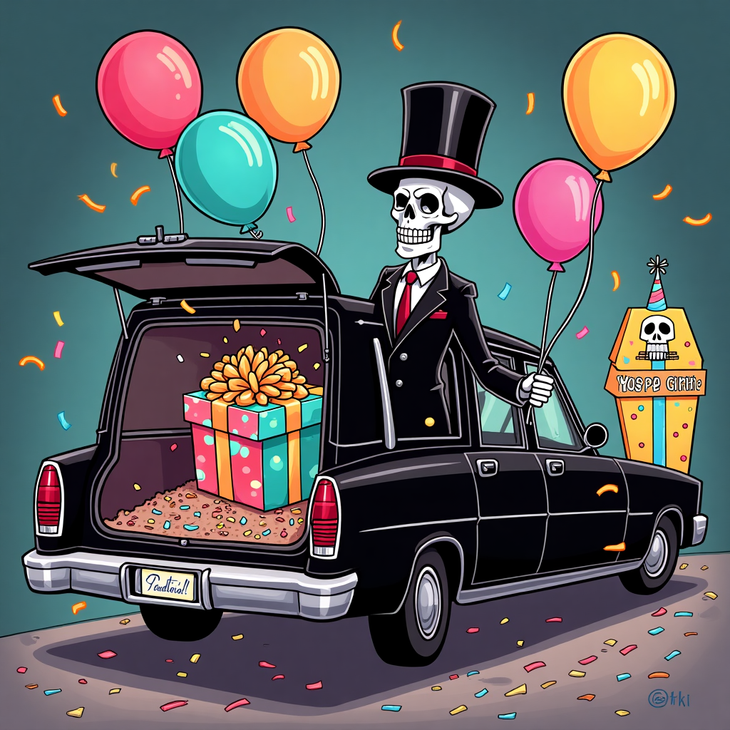 **Prompt for Illustration:**

A cheerful, cartoon-style illustration of a funeral director in full black suit and top hat, throwing a surprise birthday party—complete with balloons, streamers, and cake—out of the back of a hearse. The hearse’s rear door is wide open, and instead of a coffin, there's a giant, brightly-wrapped birthday present bursting with confetti. Surrounding the scene are comically-decorated coffins in party hats, one with a kazoo and another holding a “Still Kicking!” banner. The funeral director is grinning and holding a balloon shaped like a skull with a smiley face on it. The overall color palette is playful, mixing gothic black with splashes of neon party colors. The vibe is humorously macabre yet celebratory—like death itself is trying to throw a surprise party!
Generated with these themes: Happy birthday, Funeral Director, Coffins, and Hearse.
Made with ❤️ by AI.