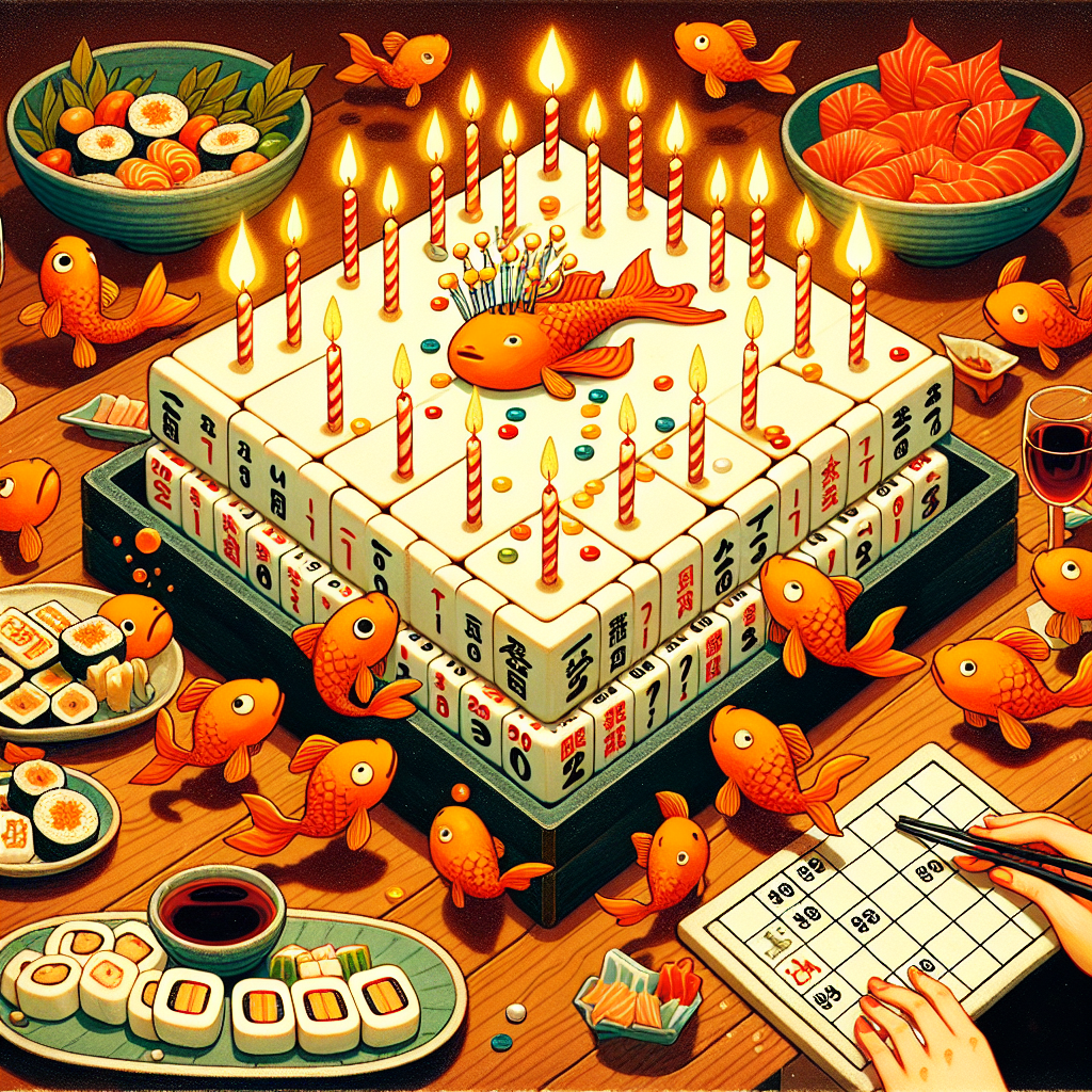An enchanting illustration with a birthday theme. The focus is a lively scene featuring a mahjong table at the center, with the tiles arranged to mimic a birthday cake, festooned with candles. Around this unique 'cake', playful, orange fish-like creatures are depicted as leaping in celebration. A single character of unspecified gender and descent, sits at one end of the scene, engrossed in solving an intricate sudoku puzzle. The feast is complemented by sushi rolls and sashimi, skilfully laid out on a serving platter, while glasses brimming with red wine lend an air of sophistication to the party.
Generated with these themes: Mahjong, Magikarp, Sudoku, Sushi, and Red wine.
Made with ❤️ by AI.