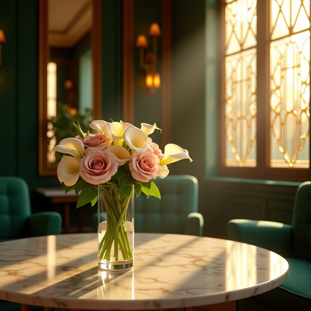 Here’s your photorealistic image prompt for the thank-you card:  

---

**Prompt:**  
Ultra-high-definition 4K photorealistic scene, taken with a vintage Leica camera perspective, showing a warmly lit Art Deco-style lounge in golden hour light. Elegant geometric patterns in brass and deep emerald green, with sleek mirrored panels and rich walnut furniture. On a polished marble table in the foreground sits a single crystal vase with a perfect bouquet of creamy white calla lilies and soft blush roses, their petals catching the light with delicate shadows. In the background, a hint of a sunbeam filters through tall stained-glass windows in bold Art Deco shapes. The composition is calm and sincere, evoking deep gratitude and warmth.  
In the lower right corner, subtly embossed in gold foil-style lettering:  
*"You made all the difference."*  

---

Would you like me to also give you **three alternative text lines** that could fit this image so you have options for the card’s personality?
Generated with these themes: Art deco, and .
Made with ❤️ by AI.