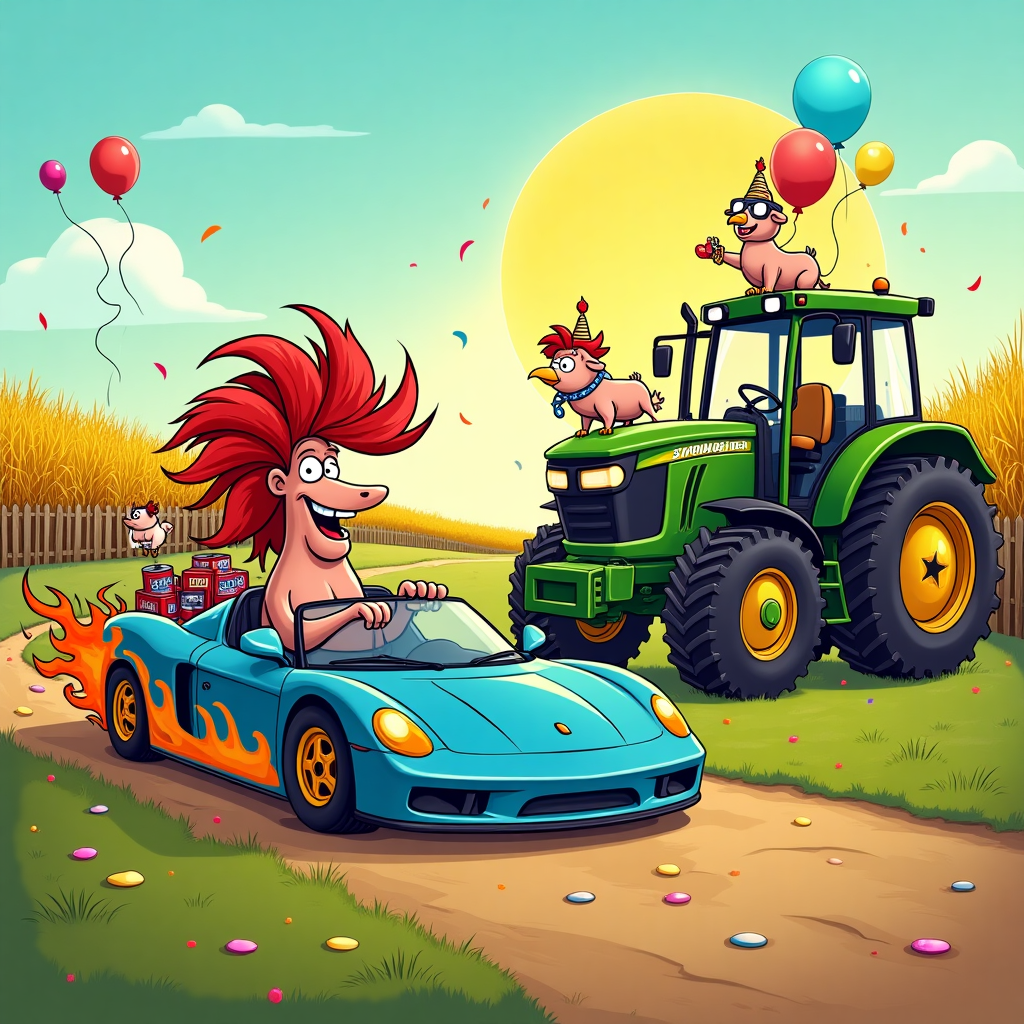 In a vibrant, bustling cartoon countryside, a hilarious birthday scene unfolds. Imagine a wide-open field filled with colorful confetti and balloons fluttering in the breeze. Front and center is a quirky character with an outrageously exaggerated mullet that seems to defy gravity. He's sitting at the wheel of a supersonic fast car, painted in a vivid metallic blue with flame decals racing along the sides, the vehicle looking like it just zoomed out of a high-octane action comic. The car's spoiler has been creatively converted into a makeshift picnic table adorned with a big frothy Strongbow cider keg and stacks of Monster energy drink cans, all ready to fuel a party.

Next to the fast car, an oversized, cartoonish tractor – with its wheels comically large and muddy – stands proudly. Its tractor treads are inexplicably covered with party streamers and balloons tied to the exhaust, creating a whimsical juxtaposition. Perched on the tractor's bonnet, a cheeky chicken wearing tiny aviator goggles pecks at a birthday cupcake with a single lit candle.

In the background, rows of cornfields are painted in vivid golden hues, with an exaggeratedly large, smiling sun setting behind them, casting long, playful shadows across the scene. A small group of jovial farm animals, including a cow with a birthday hat and a pig sporting a mullet wig, is gathered around a rustic wooden fence, their wide-eyed expressions filled with cartoonish joy and anticipation for the unfolding birthday bash. All these elements combine to tell a light-hearted and visually rich story that seamlessly incorporates fast cars, mullets, Monster energy drinks, Strongbow cider, and tractors into one delightful birthday greeting card cover.
Generated with these themes: Fast cars, Mullet , Monster energy drink, Strongbow cider, and Tractors.
Made with ❤️ by AI.