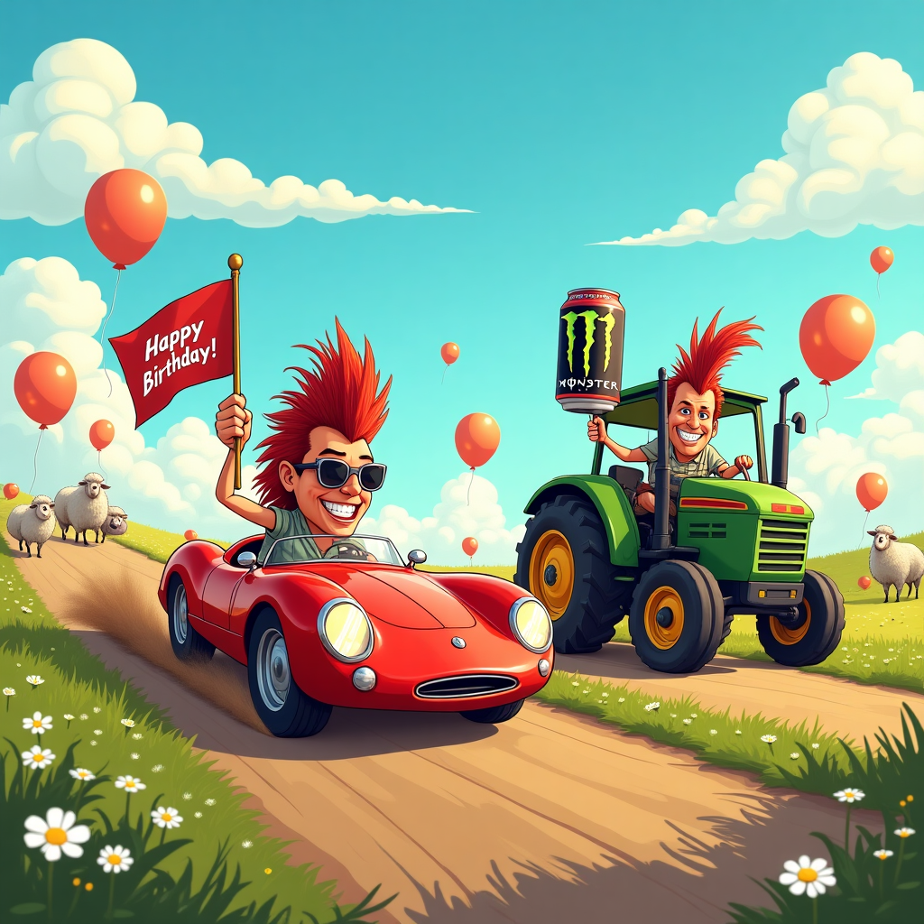 In the heart of a vibrant cartoon countryside, a hilariously chaotic birthday race is underway. At the forefront is a shiny, crimson red sports car, its exaggeratedly long tail fin reminiscent of a peacock showing off, zooming along with speed lines trailing behind it. The car's driver is a caricature of a '70s rock star with an impossibly flamboyant mullet, the hair flying behind him like a cape. His face, partially hidden behind oversized aviator sunglasses, is frozen in an expression of comedic concentration as he grips the steering wheel. In hot pursuit is a rustic, yet surprisingly aerodynamic tractor, its wheels comically large and mud splattered, bouncing along the dirt road. The tractor's driver is a grinning farmer with a smaller, equally impressive mullet, holding a Monster energy drink can like a torch of victory, the drink sloshing around as he bumps over every hill. Off to the side, a gigantic bottle of Strongbow cider towers like a whimsical birthday monument, with a friendly label character—a jovial cider apple with eyes and a wide smile—cheerfully waving a flag with the words "Happy Birthday!" Behind them, in a field speckled with cartoonish, fluffy sheep who watch with wide eyes, balloons float towards the sky, their strings tied to the ground by dainty daisies. The sky is a bright azure, peppered with fluffy white clouds, providing the perfect backdrop to this delightful birthday-themed race, setting the stage for a hilariously spirited competition.
Generated with these themes: Fast cars, Mullet , Monster energy drink, Strongbow cider, and Tractors.
Made with ❤️ by AI.
