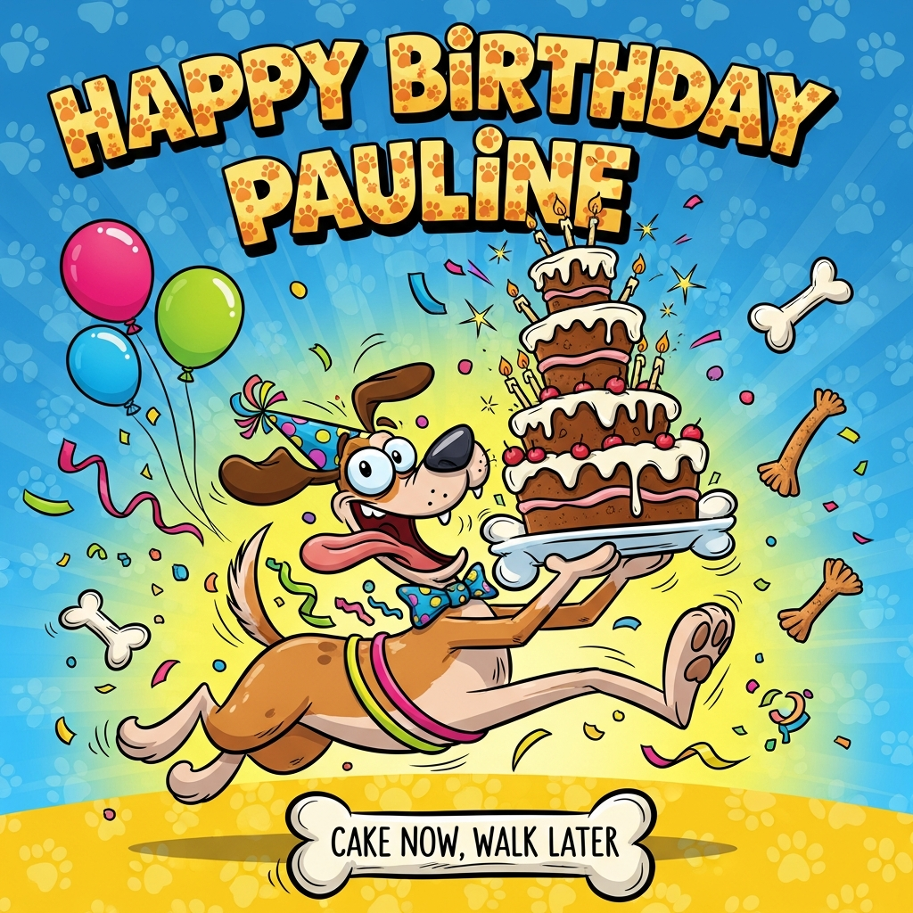 At the top of the Cartoon Style image, “Happy Birthday Pauline” in big bouncy bubble letters filled with paw‑print patterns, thick black outline, and a playful drop shadow.

A funny, high-energy cartoon scene: a goofy, big‑pawed dog with a gigantic wagging tail and googly eyes launches mid-leap across the frame, tongue flapping, wearing a polka-dot party hat and bow tie. The dog is dramatically balancing a towering, bone‑shaped birthday cake stacked with wobbly layers and tiny bone-candles, frosting dripping in spirals. Confetti storms through the air, streamers wrap around the dog’s belly like a superhero sash, and balloons shaped like bones bob around. Exaggerated proportions, thick outlines, and bright saturated colors (electric blue sky, sunshine yellow, hot pink, lime green) with bold cel shading and energetic motion lines. Background is simple and vibrant with a subtle paw‑print pattern to keep the focus on the dog and text. Add sparkly starbursts around the cake and a few squeaky toys tumbling to enhance the chaos.

At the bottom, on a small bone‑shaped sign, add a cheeky caption in playful hand‑drawn lettering with a thick outline: “Cake now, walk later.”
Generated with these themes: Dog, and .
Made with ❤️ by AI.