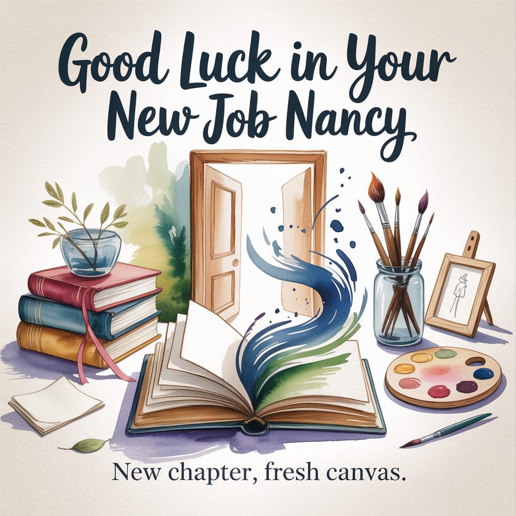 At the top of the Watercolor Style image, "Good Luck in Your New Job Nancy"

At the bottom of the image, "New chapter, fresh canvas."

In the center, illustrate a serene watercolor scene that blends Books and Art: an open hardback book whose pages dissolve into flowing brushstrokes of indigo and sage, curling upward toward a softly glowing doorway formed by negative space—symbolizing a hopeful new beginning. To the left, a gentle stack of well‑loved books with ribbon bookmarks; to the right, a glass jar of paintbrushes and a wooden palette dotted with ultramarine, blush rose, warm ochre, and soft greens. Add a small framed sketch leaning nearby and a few loose pages drifting like leaves.

Use soft watercolor washes, delicate gradients, subtle pigment blooms, and natural cold‑pressed paper texture for an airy, organic feel. Keep contours minimal, edges feathered, and the mood sincere and calm. Render the top headline in large, hand‑painted brush lettering (deep indigo with gentle feathering), and the bottom line in a smaller, warm‑sienna brush script. Leave generous negative space around both text lines for clarity and balance.
Generated with these themes: Books, Art, and .
Made with ❤️ by AI.