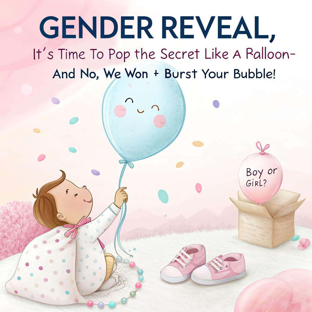 At the top of the image, "Gender Reveal, it’s time to pop the secret like a balloon—and no, we won’t burst your bubble!"

– Feature a realistic, heart-melting photograph of a chubby baby hand grasping a pink and blue balloon string, with soft pastel confetti falling gently in the background. A pair of tiny baby booties—one pink, one blue—rests on a fluffy white blanket nearby. In the distance, slightly out of focus, two proud, smiling parents peek from behind a box labeled “Boy or Girl?” with wide, excited eyes.
Generated with these themes: gender reveal.
Made with ❤️ by AI.