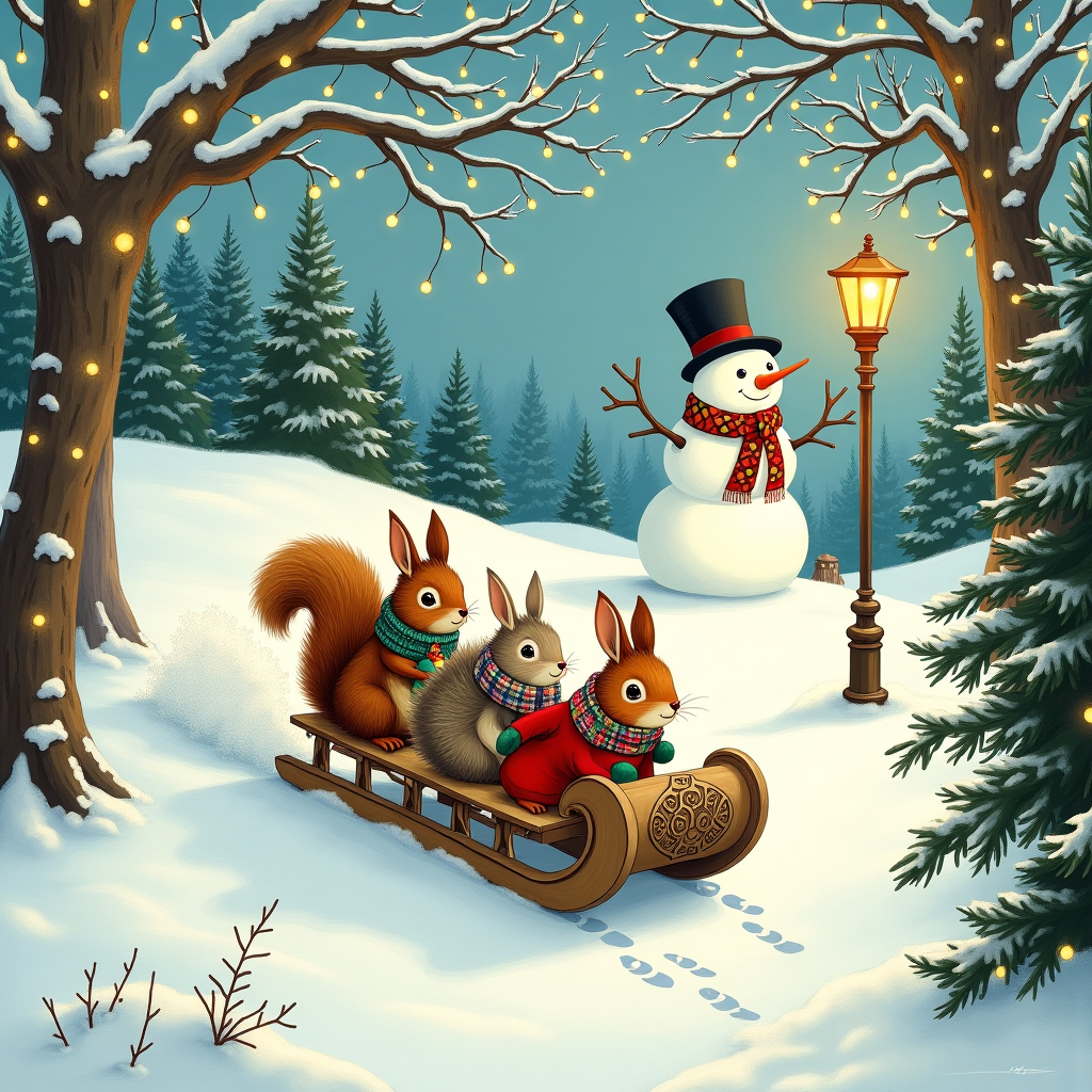 In a whimsical winter wonderland, a bustling scene unfolds on the front of this Christmas greeting card. Imagine a sprawling, snow-blanketed landscape dotted with frosted evergreens, each branch adorned with twinkling fairy lights. In the foreground, a troupe of mischievous woodland creatures commandeer a snow sled, artfully rendered with inspiration from Beatrix Potter's detailed animal depictions. Leading the charge is a dapper squirrel, dressed in a tiny, vibrant red waistcoat, its bushy tail fanning out behind like a plume of holiday cheer. Its companions, a rabbit with a woolly scarf and earmuffs, and a hedgehog clutching a thermos of hot cocoa, are all crammed onto the sled, their eyes wide with excitement.

The sled itself is a quaint, vintage wooden toboggan, painted with intricate, swirling patterns reminiscent of Aubrey Beardsley's bold line work. They race down a gentle hill that mirrors the playful curves seen in Maurice Sendak’s imaginative worlds, past a cluster of gnarled, snow-draped trees. These trees, with their twisty, gothic branches, take cues from Arthur Rackham’s enchanted forests, casting elaborate shadows on the untouched snow.

In the background, a larger-than-life snowman stands guard, wearing a jaunty top hat and a colorful patchwork scarf that Quentin Blake might have sketched with his distinctive, lively strokes. The snowman’s carrot nose and coal eyes bring a touch of classic Christmas nostalgia, akin to Norman Rockwell's heartwarming holiday scenes. Nearby, an antique lamppost glows with a warm, inviting light, designed in the elaborate style of Gustave Doré’s intricate engravings.

Adding to the chaos, a cloud of snow erupts behind the sled, where a trailing line of hoofprints suggests a mysterious reindeer has joined in the fun. This lively tableau invites the viewer into a world where whimsy and tradition meet, creating a festive story that unfolds with each glance.
Generated with these themes: Snow sled.
Made with ❤️ by AI.