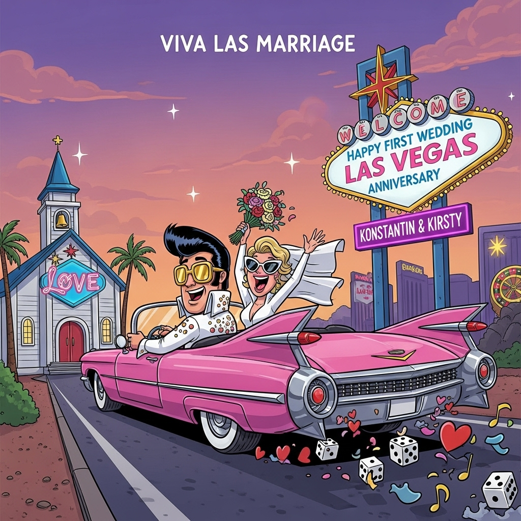 At the top of the Cartoon Style image, "Viva Las Marriage"

A playful, funny, high-energy cartoon scene in bright saturated colors with thick outlines and exaggerated proportions: Konstantin & Kirsty zoom away from a tiny white Las Vegas chapel in a shiny Elvis‑pink Cadillac convertible with huge tailfins and gleaming chrome, trailing dice-shaped cans and a swirl of heart and music-note confetti. Konstantin has a cheeky grin, pompadour hair and gold Elvis-style sunglasses, one hand on the wheel; Kirsty sports cat‑eye shades and a fluttering bridal veil, tossing a bouquet skyward and laughing. Left background: the little white chapel with a blue roof, bell tower, and palms, its retro glowing sign reading “Love” in an Elvis Presley style script. Right background: the iconic diamond roadside sign in the “Welcome to Las Vegas” style, but it reads “Happy First Wedding Anniversary” with the classic starburst on top and bulb border; directly beneath it, on one line in bright pink neon script, “Konstantin & Kirsty” glowing like neon. Sunset-to-twilight sky (peach to purple) with sparkly starbursts, hints of the Strip and roulette silhouette in the distance, neon reflections dancing on the Cadillac. Dynamic low-angle three-quarter view, full-bleed composition; whimsical, energetic poses; clean, bold cartoon rendering with glossy highlights and chunky shadows; overall cheeky, celebratory, Viva-Las-Vegas vibe.
Generated with these themes: Konstantin & Kirsty cruise off from a little white Las Vegas chapel in a shiny Elvis-pink Cadillac, Chapel has the traditional Elvis Presley sign "Love", Instead of the “Welcome to Las Vegas” sign, show the words: “Happy First Wedding Anniversary” in the same style., Add “Konstantin & Kirsty” in one line, glowing like neon lights., , and .
Made with ❤️ by AI.