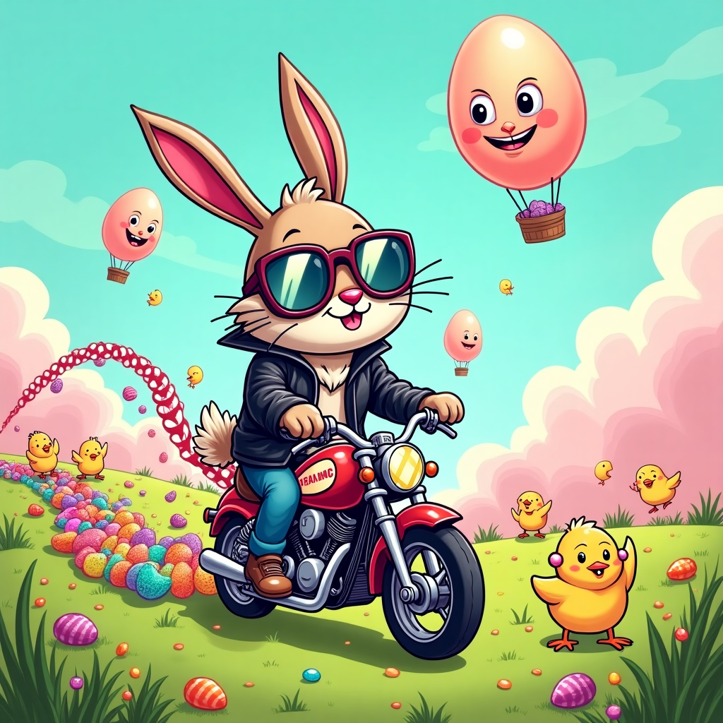 Bunny riding , Mini Motorcycle , Meadow , Leather jacket, and Easter eggs Easter Card