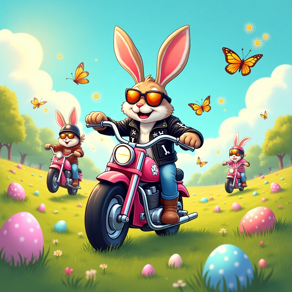 **Prompt:**

At the top of the cartoon image, "I.B.M.C., Hare’s to an EGG-cellent Easter ride!"

A surreal cartoon scene unfolds in a sun-drenched, dreamlike meadow bursting with pastel-colored Easter eggs the size of beach balls, gently hovering a few inches above the grass as if levitating with springtime magic. In the center, a rebellious Easter Bunny with oversized ears flapping in the wind zooms through the scene on a candy-pink mini motorcycle with chrome handlebars shaped like carrots. The bunny rocks a black leather jacket covered in egg-shaped studs, a cheeky skull-and-bunny logo on the back, and aviator sunglasses reflecting jellybeans.

Behind the bunny, tiny peeps ride on motorized marshmallow scooters, kicking up trails of glitter and confetti. Butterflies wear tiny helmets and race the wind, and dandelions pop open into sparkly egg fireworks. The whole image glows with vivid candy colors, bending the laws of reality like a springtime fever dream on two wheels.
Generated with these themes: Bunny riding , Mini Motorcycle , Meadow , Leather jacket, and Easter eggs.
Made with ❤️ by AI.
