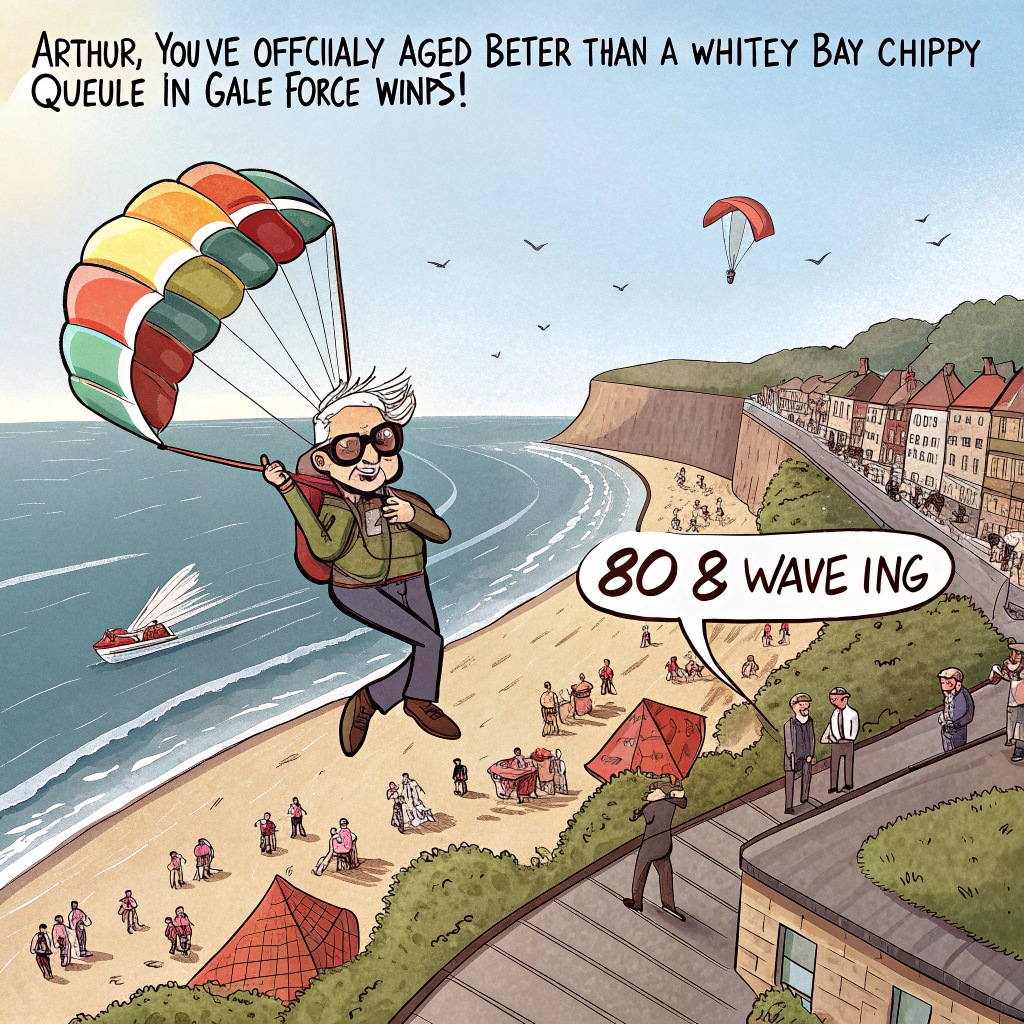 At the top of the image, "Arthur, you've officially aged better than a Whitley Bay chippy queue in gale-force winds!"

– Illustration: A whimsical cartoon scene of Arthur—cheerfully wrinkly with wild party sunglasses—paragliding over Tynemouth’s Longsands beach, gripping an enormous "80" shaped balloon. Below, the streets of North Shields are full of pensioners doing the conga behind a rogue seagull in a birthday hat stealing chips. A surfboard leans against a wall with “80 & Wave-ing” written in graffiti-style. Bright seagulls squawk "Eighty? Aye man!" from lamp-posts. The mood is playful chaos with a clear North East coastal vibe.
Generated with these themes: North Shields, Whitley Bay, Tynemouth, and 80.
Made with ❤️ by AI.