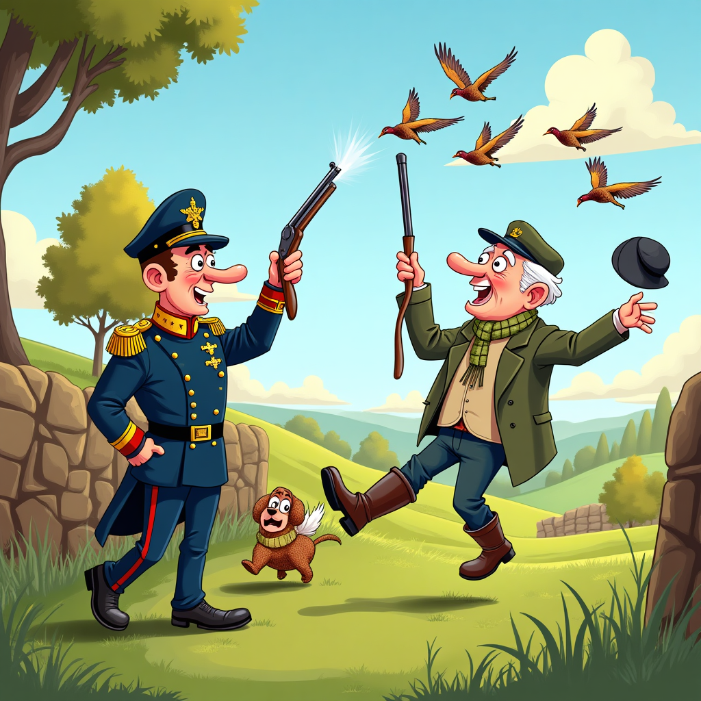 80 year old man falling backwards off a shooting stick in the English countryside, whilst sitting behind an admiral shooting partridges, and Thank-you Card