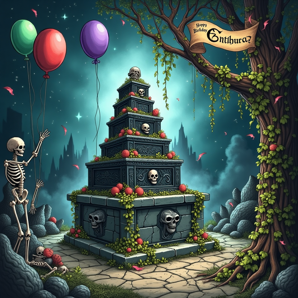 In this quirky, hand-drawn birthday card, envision a lively, detailed scene set in an ancient, otherworldly underworld where Necron-themed elements meet birthday celebrations. The focal point is an imposing stone altar at the center, covered in creeping vines and skull motifs, where a towering, multi-layered cake shaped like a crypt stands proudly. The cake is decorated with gothic black icing, embellished with tiny edible skulls and intricate, silver filigree details. 

Perched on top of the cake is a miniature Necron warrior, poised as if guarding the confection. Wisps of eerie, misty vapors drift around the base of the altar, blending seamlessly with the background. Surrounding the altar, a small gathering of jubilant skeletons and ghostly spirits hover, holding bright balloons that contrast starkly against the dark, stone-laden environment. The balloons are a rich emerald green and deep, mystical purple, bobbing playfully in the air.

In the distance, crumbling ruins and towering, twisted spires fade into an enigmatic, star-filled sky. Here, amidst the celestial backdrop, 'Emma' is elegantly inscribed with glowing silver stars that twinkle with a gentle luminance. This adds a celestial charm to the scene.

In the foreground, lush, dark green vines snake across the ground, interspersed with unusual, luminescent fungi that provide a natural light source. The ground is strewn with scattered bones and ancient, worn scrolls, each filled with cryptic runes that hint at arcane mysteries. 

To the right of the altar, an aged, twisted tree stands, its gnarled branches adorned with tattered, colorful streamers that flutter in an unseen breeze. From the tree hangs a banner, swinging gently, with the words 'Happy Birthday' etched in ornate, gothic script, emphasizing the playful yet eerie atmosphere.

This card is a delightful blend of the eerie and the celebratory, bringing a unique twist to a birthday theme with its intricate, hand-drawn details and contrasting colors.
Generated with these themes: Necron.
Made with ❤️ by AI.