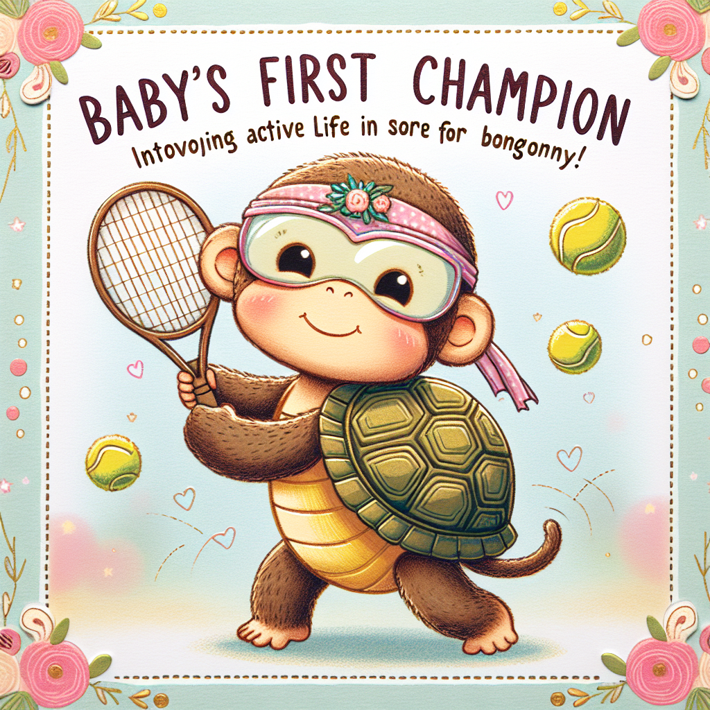 A heartwarming cartoon illustration of a delightful little monkey, symbolically wearing a tortoise shell on its back, as a representation of protection and longevity. The monkey is enthusiastically playing tennis, metaphorically alluding to the active life in store for a newborn child. The entire scene is adorned with soft-colored decorations, complementing the imagery. The celebratory words 'Baby's First Champion' are displayed in a cheerful manner, introducing an aura of joy and anticipation.
Generated with these themes: Monkey Wearing a tortoise shell playing tennis.
Made with ❤️ by AI.