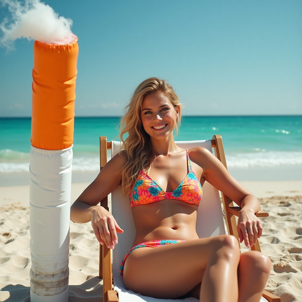 At the bottom of the Photorealistic picture taken from a camera image, the text reads: "stop smoking".

**Prompt for the image:**

In an ultra-high-definition 4K UHD photograph, capture a funny, playful scene set by the beach. The focus is on a strikingly attractive woman, lounging on a sun chair, wearing a vibrant, stylish swimsuit. Her expression is cheeky, with a playful wink directed at the camera. Next to her, an oversized, comically large, inflatable cigarette is dramatically deflating, with smoke humorously puffing out of it, as if surrendering to the sun’s warmth. The image should be rich in detail, with the sunlight casting dynamic shadows, creating lifelike textures on the sand, and the vibrant colors of the beach environment adding to the whimsical atmosphere.
Generated with these themes: Hot smoking, and .
Made with ❤️ by AI.
