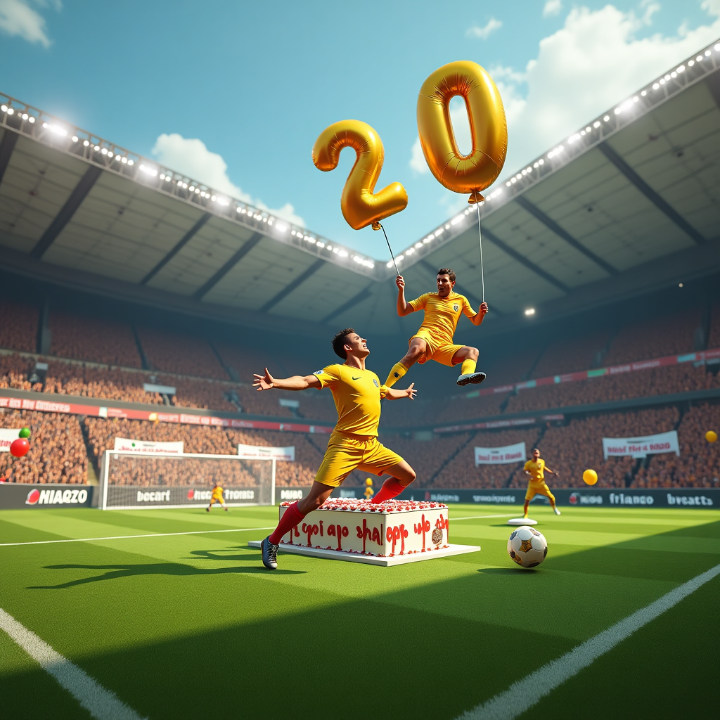 **Prompt:**  
At the top of the realistic photograph image, *“Happy Birthday, Prashant – Even Ronaldo can't bend it like you do with your age!”*

A hyper-realistic, funny birthday photograph of an energetic football match on a pristine green stadium pitch, mid-game. Cristiano Ronaldo is hilariously lifting Prashant in celebration after "Prashant" scores an absurdly over-the-top goal – maybe even bicycle kicking the ball through a massive birthday cake disguised as a goal post. The crowd in the stadium is full of cardboard cutouts wearing party hats, blowing horns, and holding up banners that say things like “Prashant for Ballon d’Or” and “Aging Like a GOAT.” Ronaldo looks dramatically shocked, clearly impressed. A mascot-sized balloon shaped like a giant number showing Prashant's age floats in the sky, trailing a “Happy Birthday!” banner behind it. The vibe is celebratory, surreal, and playfully ridiculous – like a fever dream football party thrown by Ronaldo himself.
Generated with these themes: Happy Birthday on a football pitch with ronaldo .
Made with ❤️ by AI.