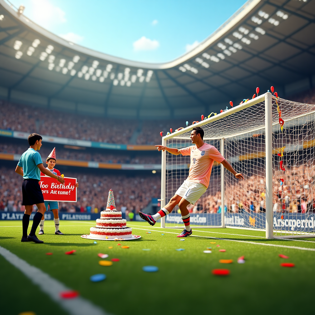 **Prompt:**

At the top of the realistic photograph image, “Prashant, you've made it to the top flight—Happy Birthday, GOAL-den boy!”

A humorous, realistic photograph of a birthday celebration on a full-sized professional football pitch. In the middle of the pitch, Cristiano Ronaldo is mid-celebration pose—pointing dramatically—not after scoring a goal, but after kicking a giant birthday cake into a net instead of a ball. The goal has colourful balloons tangled in the netting, streamers draped across the crossbar, and a referee on the sideline looking utterly confused while holding a whistle in one hand and a party horn in the other. Prashant (fictional character resembling birthday boy) is wearing a full football kit with a birthday hat, receiving a red card made of glitter and icing that says “Too Awesome!” while laughing. In the stands behind, cardboard cut-outs of cheering fans are holding banners that say things like “Happy 90 minutes of cake!” and “Ronaldo WHO? It’s Prashant’s Day!” The sky is sunny, with confetti gently raining down across the scene.
Generated with these themes: Happy Birthday on a football pitch with ronaldo .
Made with ❤️ by AI.