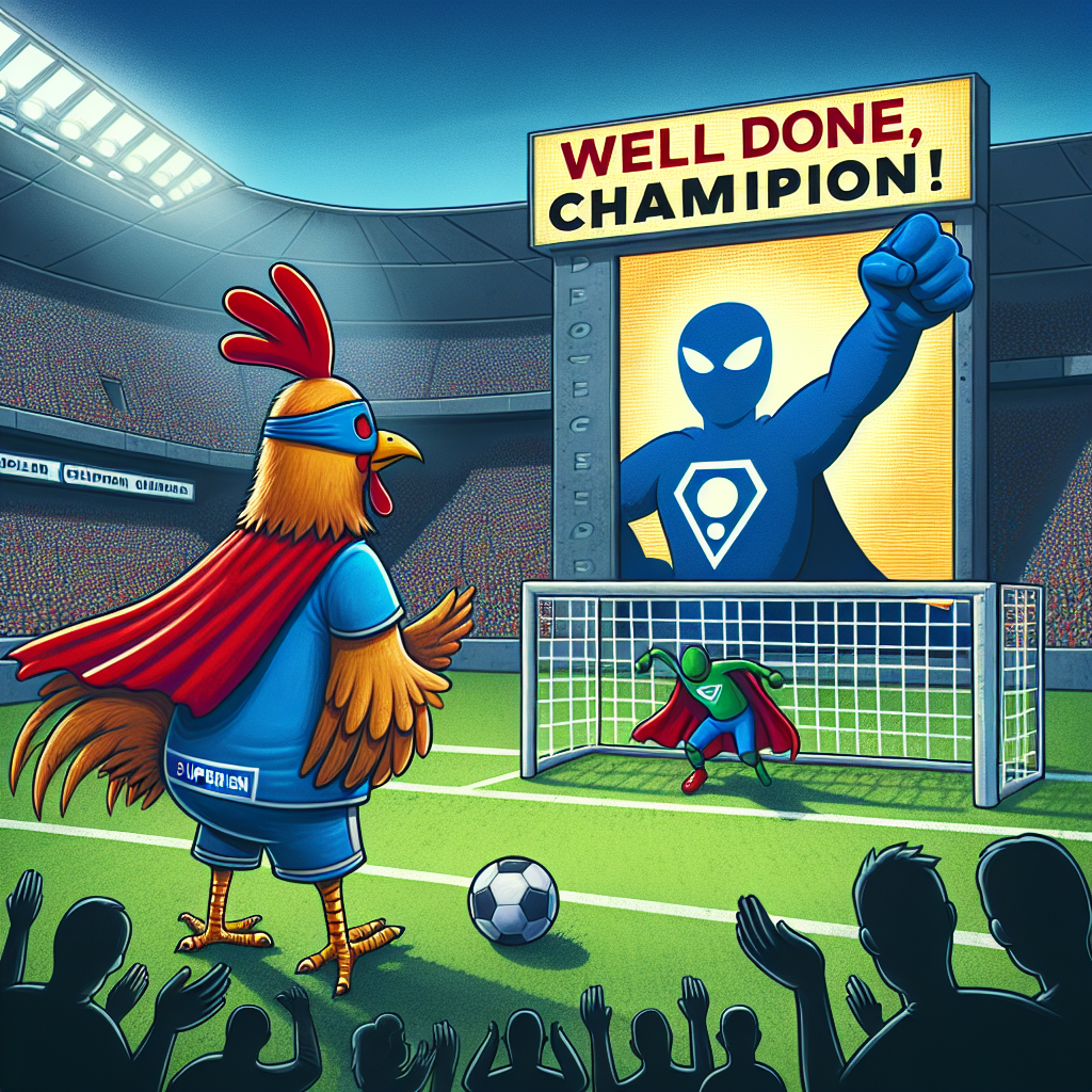 In a roaring stadium, a chicken donning a superhero outfit emblazoned with a 'Superhen' emblem is seen playing football. The spectators are on their feet, applauding, as the chicken nets a goal. Out of the blue, an anonymous superhero with a red cape and a blue outfit swoops down, high-fiving the chicken as the scoreboard flickers to display 'Well Done, Champion!' in bold letters, crafting a comedic yet motivating scene to honor an achiever's triumph.
Generated with these themes: Superman , Chicken , and Football .
Made with ❤️ by AI.