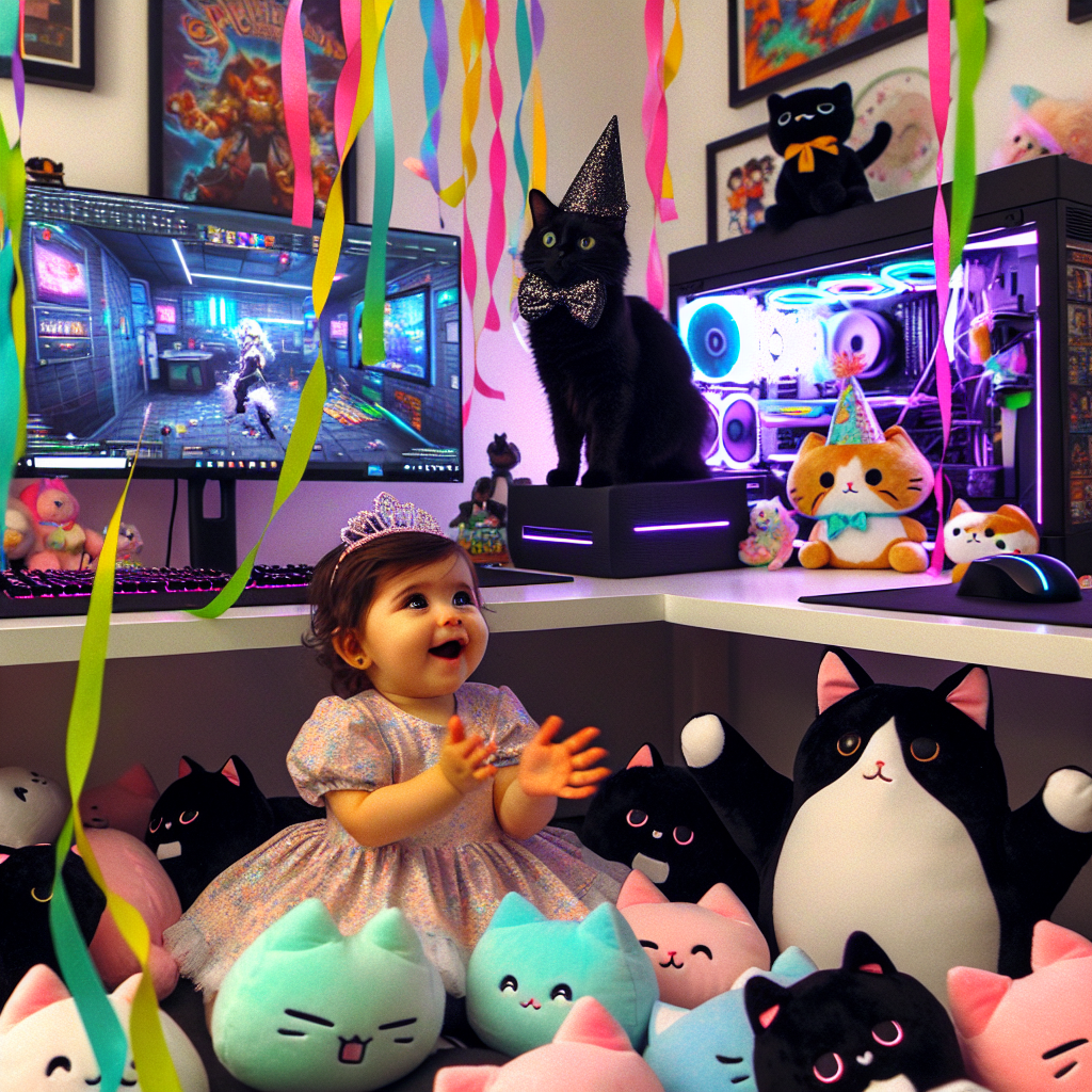 Generate an image of a birthday celebration taking place within a modern tech-oriented room that is filled with gaming paraphernalia. A black cat with a small, glittery hat sits proudly atop a computer monitor, observing the room. Lively but adorable, another black and white cat is seen playfully batting at some of the colorful, streaming ribbons. Adding to the joyous scene, a baby girl of Hispanic descent, dressed in a cute, pastel-colored outfit, is surrounded by soft, plush cat-shaped pillows. She is happily clapping her hands whilst being enraptured by the antics of the cats and the vibrant celebration ongoing.
Generated with these themes: Black cat, Black and white cat, Baby daughter, Computers, and Gaming.
Made with ❤️ by AI.