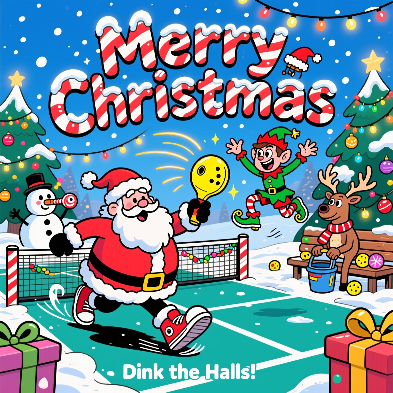 At the top of the Cartoon Style image, the text "Merry Christmas" in giant candy-cane striped bubble letters, frosted with snow and glowing warmly.

Playful cartoon scene with exaggerated, bouncy characters, thick black outlines, and bright saturated holiday colors. A snowy outdoor pickleball court sparkles under a crisp winter sky. The net is strung with twinkling fairy lights and tinsel; the posts are candy-cane striped. Center action: Santa, with a comically round belly and flapping beard, power-slides across the court in red sneakers, stretching for a delicate dink with a festive, candy-striped pickleball paddle. Across the net, a mischievous elf in a green outfit and jingle-bell shoes pops a cheeky dink shot, mid-air with an over-the-top grin. Another elf on the sideline is tangled in Christmas lights, cheering wildly. The neon-yellow pickleball (classic wiffle ball with holes) arcs between them with glittery motion lines and a tiny Santa hat perched askew. A snowman referee blows a candy-cane whistle, eyes wide; a scarfed reindeer on the bench clutches a bucket of balls, ready to fetch. Evergreen trees laden with ornaments and big shiny presents frame the scene. Exaggerated poses, swooshes, and sparkles emphasize the goofy, high-energy moment; bold cel shading and high contrast make everything pop. Portrait, full-bleed composition, no extra text besides the lines specified.

Add a small, playful caption near the bottom: "Dink the Halls!"
Generated with these themes: Pickleball, and .
Made with ❤️ by AI.