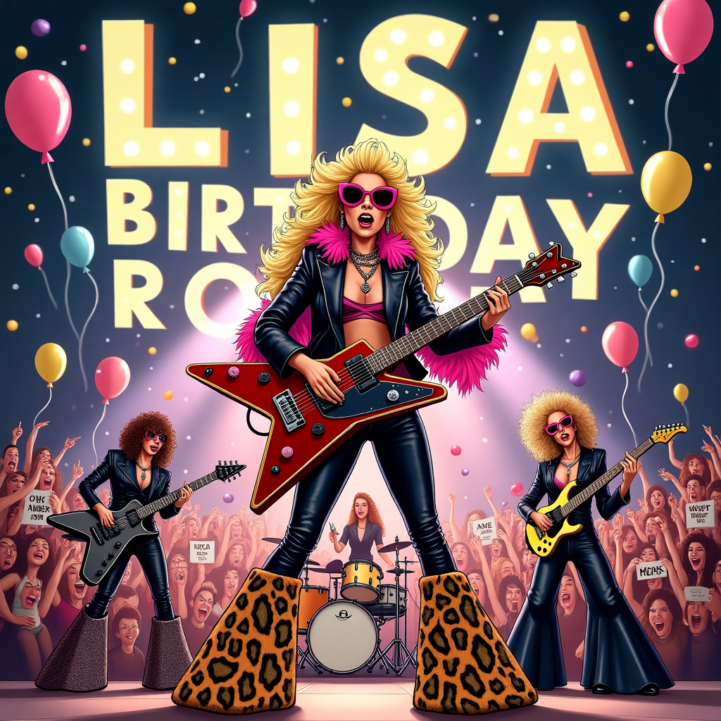 At the top of the illustration image:  
**"Happy Birthday, Lisa—You're Born to Be Wild...ly Dressed!"**

Image prompt:  
A comically over-the-top rock concert scene, featuring a glam-rock diva version of Lisa, mid-guitar solo on a leopard-print flying V guitar. She's wearing sparkling platform boots, feather boas, heart-shaped sunglasses, and leather-studded everything. Around her, a band of equally outrageous fashion-rockers jam out—one on keytar in flared glitter pants, another smashing a birthday-cake-shaped drum set. Confetti cannons are firing glitter into the sky, and a crowd of screaming fans (some wearing party hats) holds up lighters and signs that say “Lisa Rocks!”. Balloons float around shaped like guitars, and the stage lights spell out “AGE: JUST A NUMBER”. The whole scene should scream loud, fashionable fun with ridiculous, stylish rock ‘n’ roll energy.
Generated with these themes: Rock Music, and Fashion.
Made with ❤️ by AI.